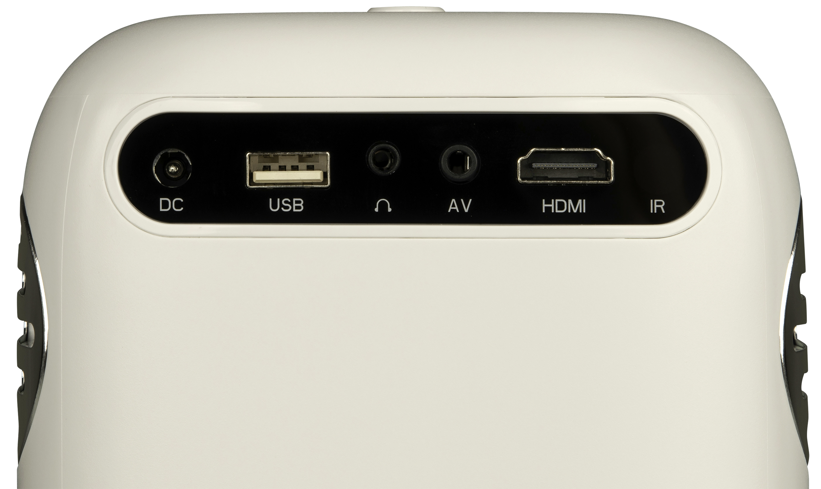 Projecteur blanc avec divers ports de connexion sur le panneau arrière, dont USB et HDMI.