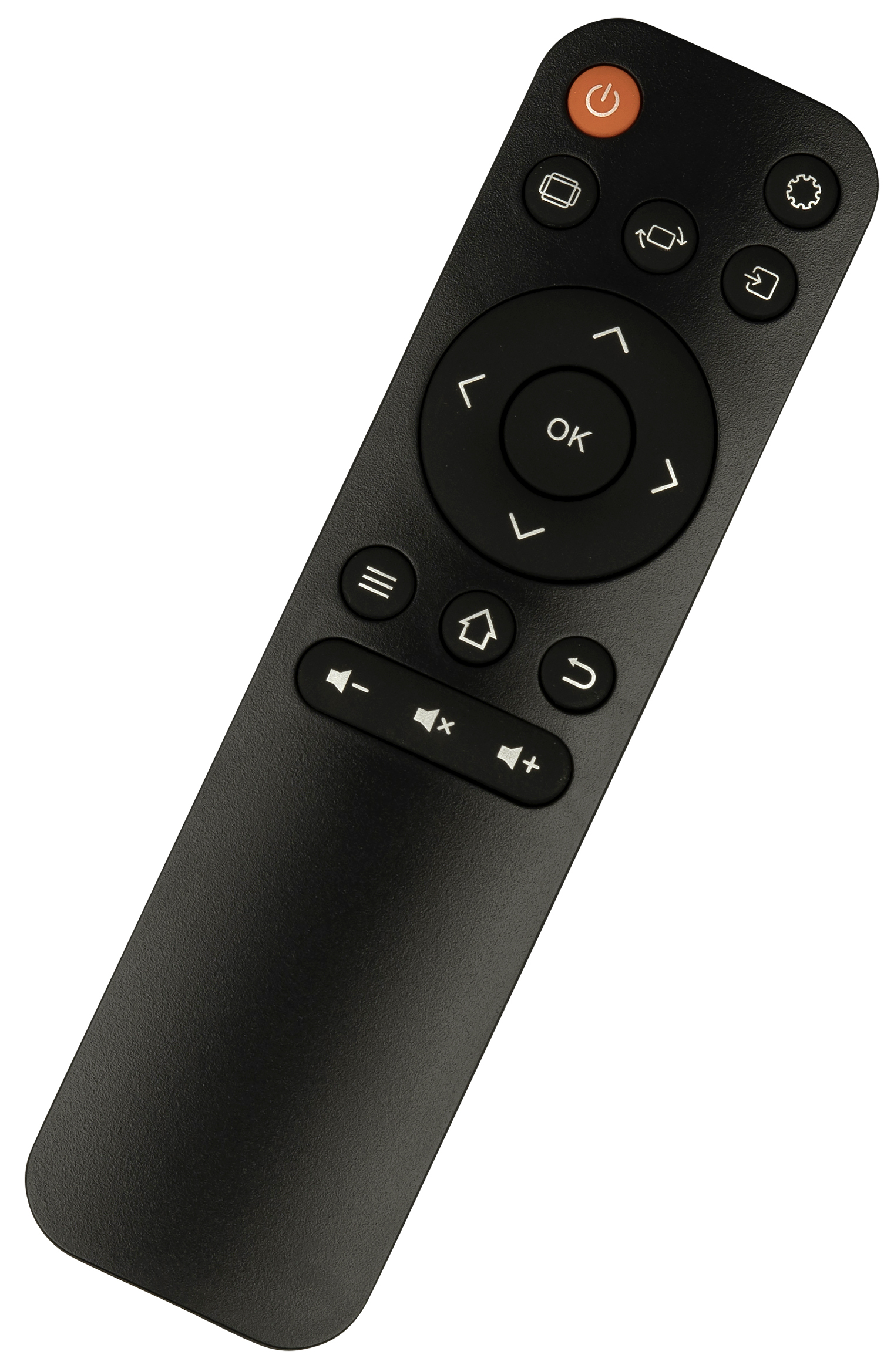 Télécommande noire. Plusieurs boutons avec des symboles et du texte. Bouton d'alimentation orange en haut.