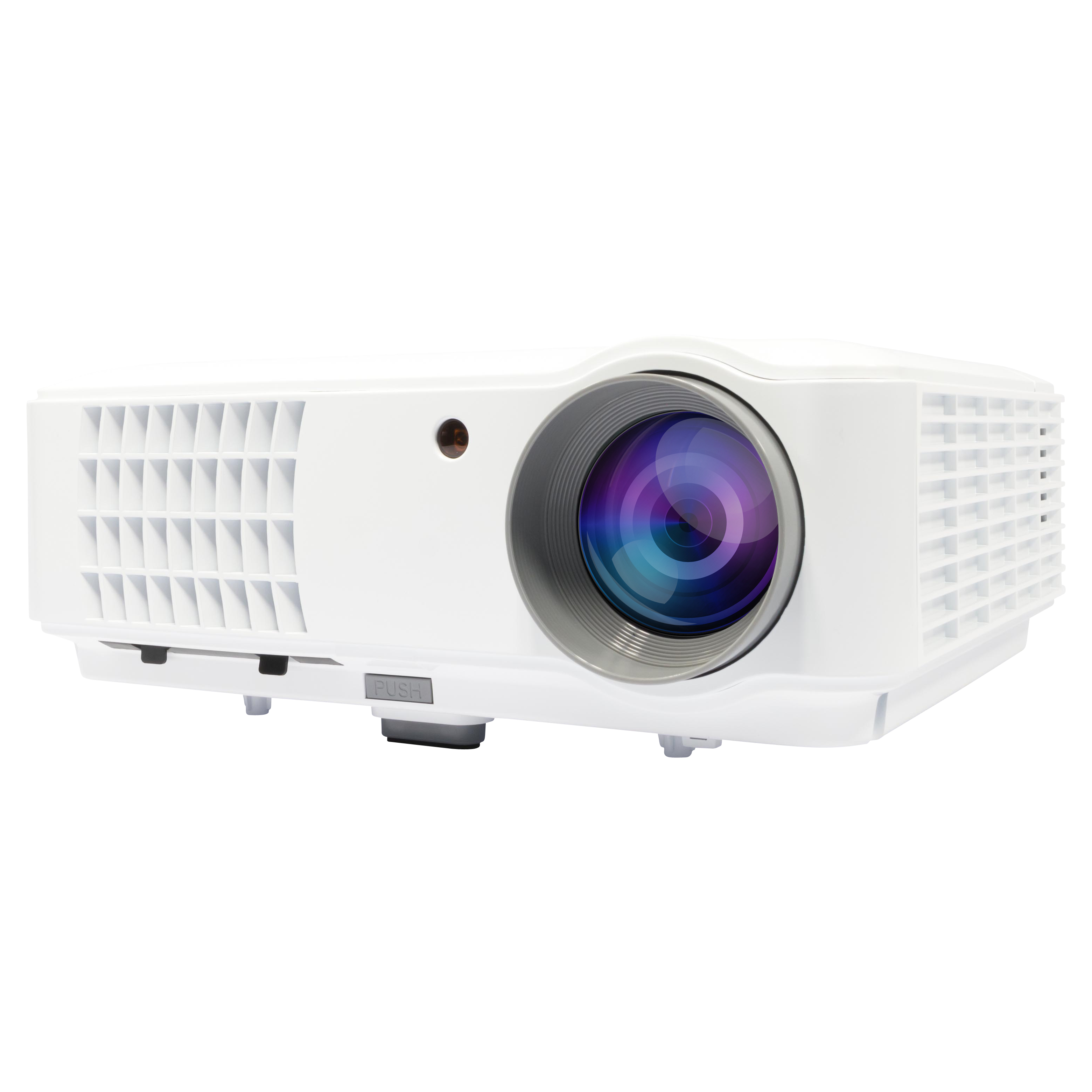Projecteur blanc avec lentille et panneau de commande sur fond blanc.