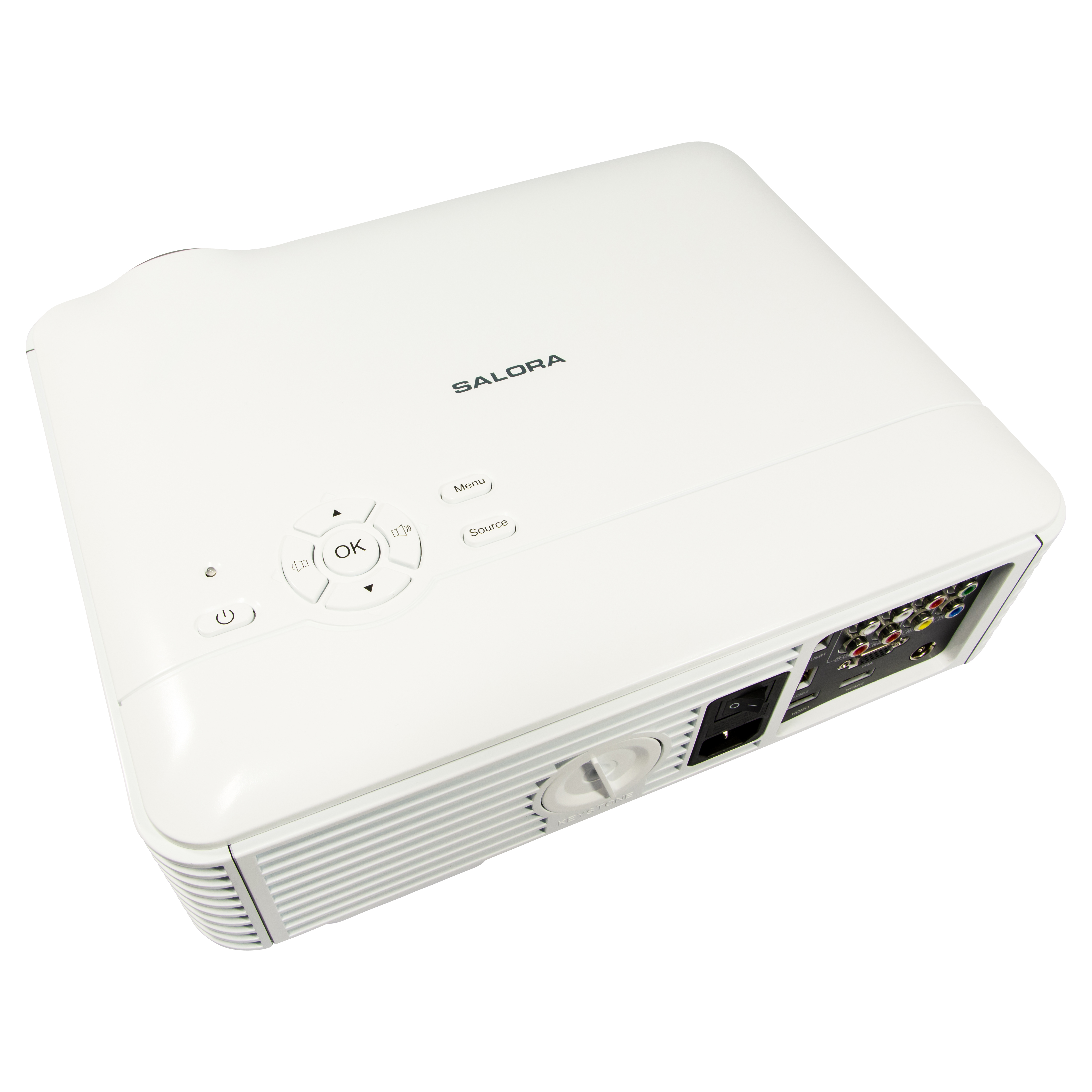 Projecteur Salora blanc avec boutons et ports, vue en angle.