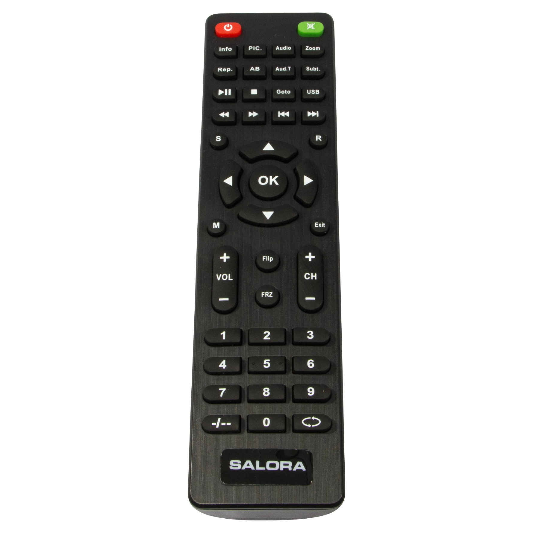Une télécommande noire avec de nombreux boutons étiquetés et disposés en rangées.