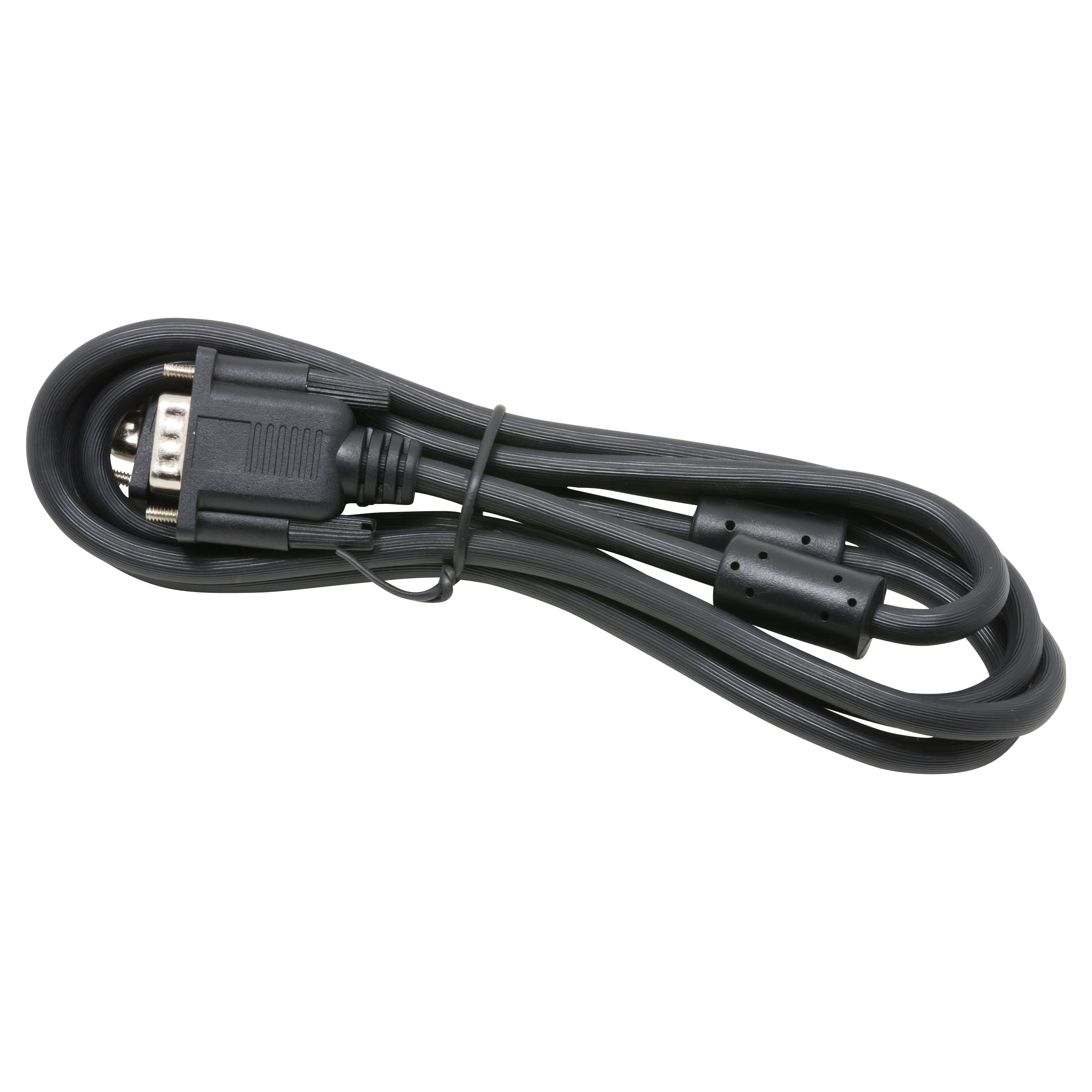 Câble série noir, enroulé sur fond blanc. Connecteur à chaque extrémité, collier de serrage.