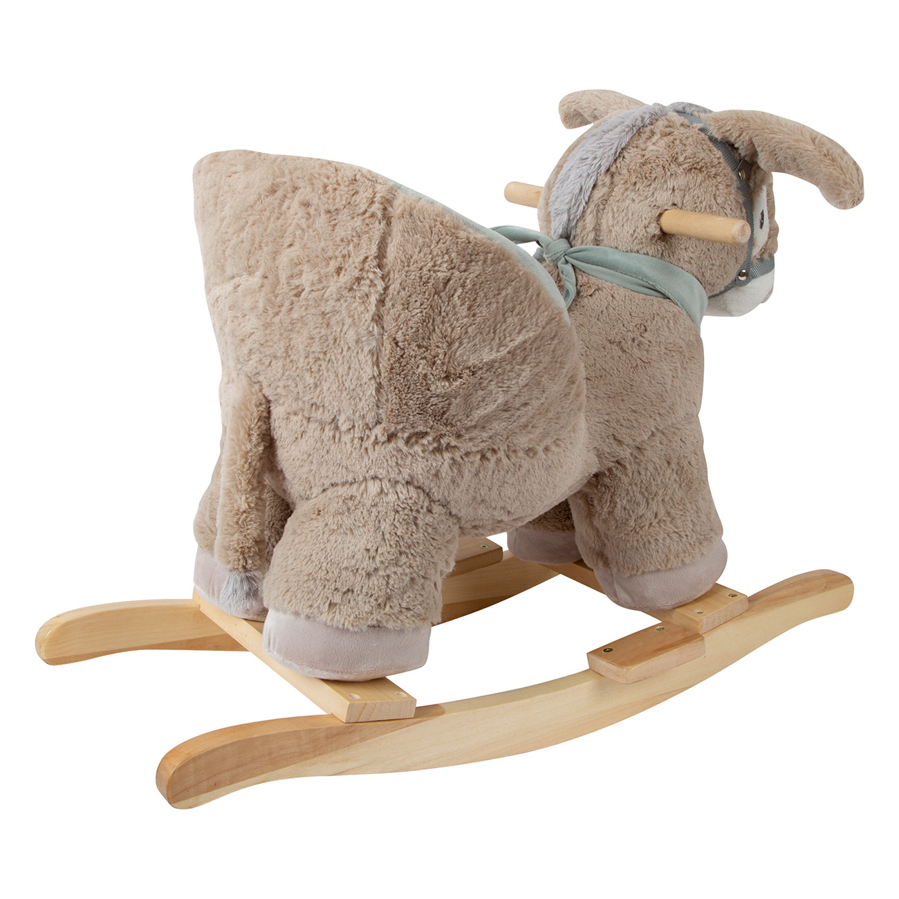 Esel-Schaukelpferd auf Holzsockel. Weicher, pelziger brauner Körper und eine graue Mähne.
