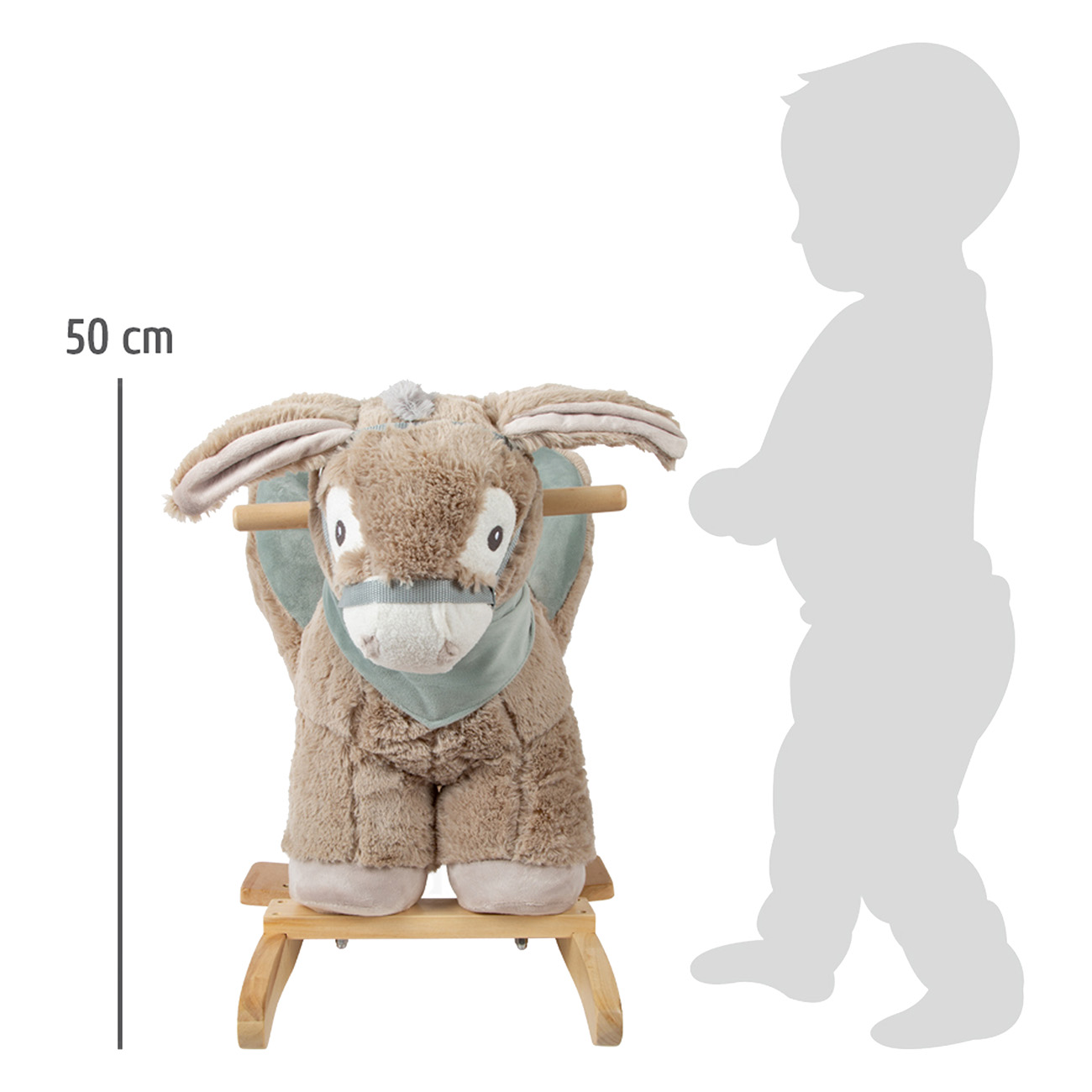 Ein braunes Schaukelpferd vor einer Silhouette eines Kleinkindes, mit einer 50 cm Skala.