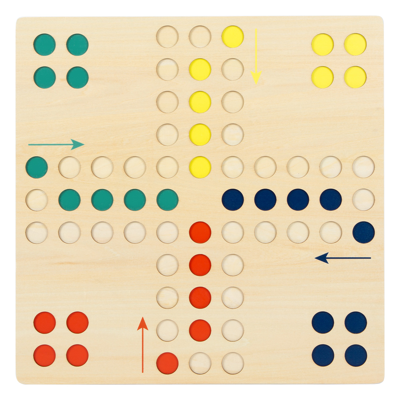 Brettspiel aus Holz mit farbigen Kreisen und Pfeilen. Vier Kreissätze in verschiedenen Farben.