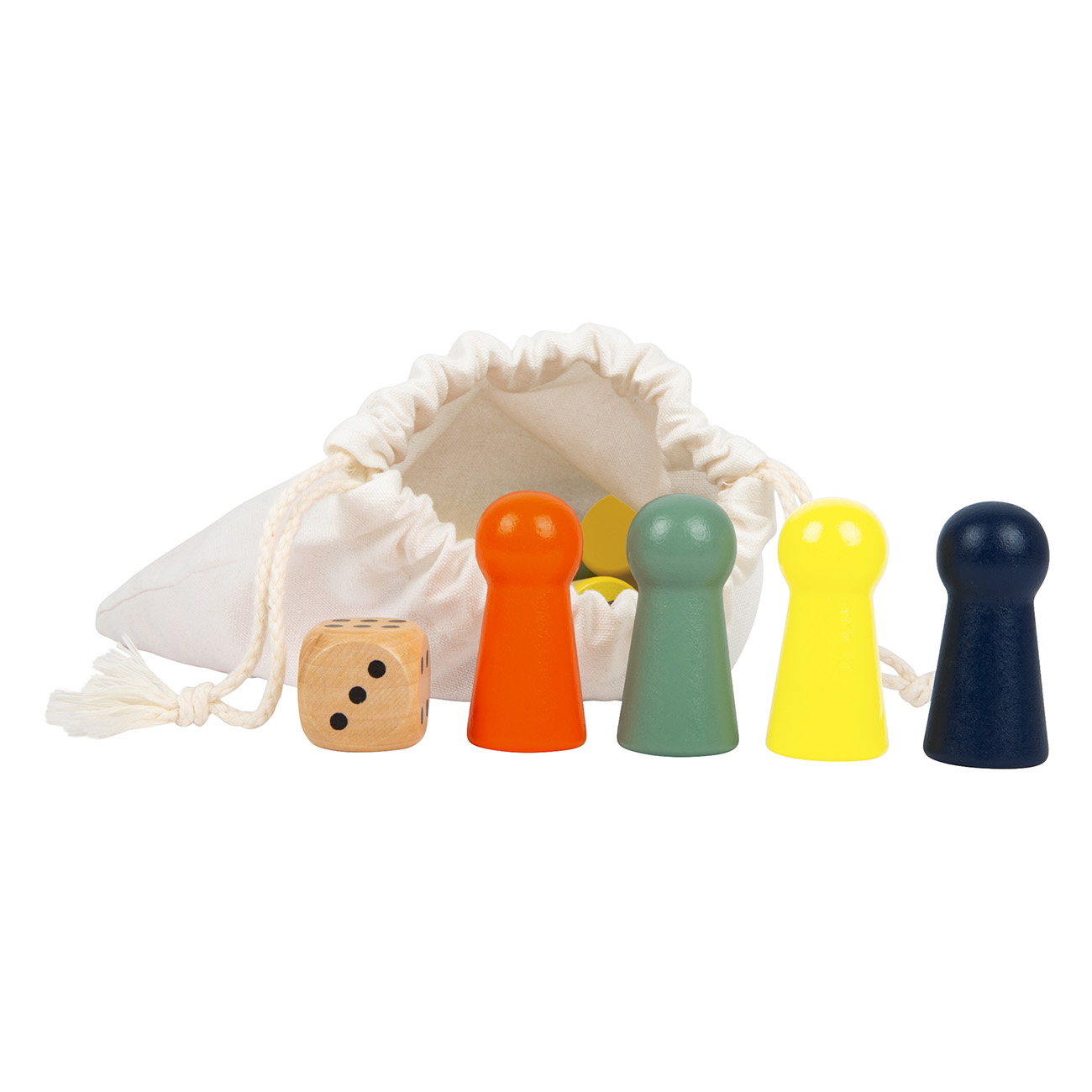 Eine Tasche mit Spielsteinen. Es gibt mehrere bunte Spielsteine und einen Würfel.