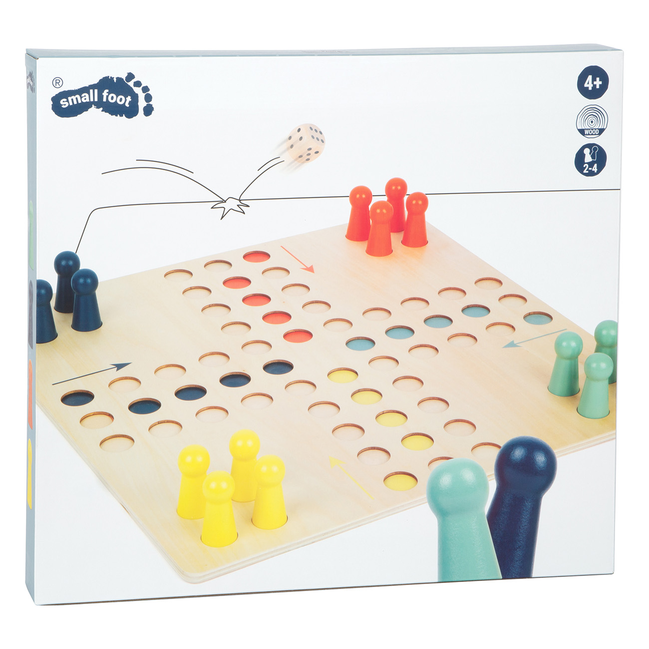 Holzbrettspiel mit bunten Figuren und Würfeln, in einer Box.