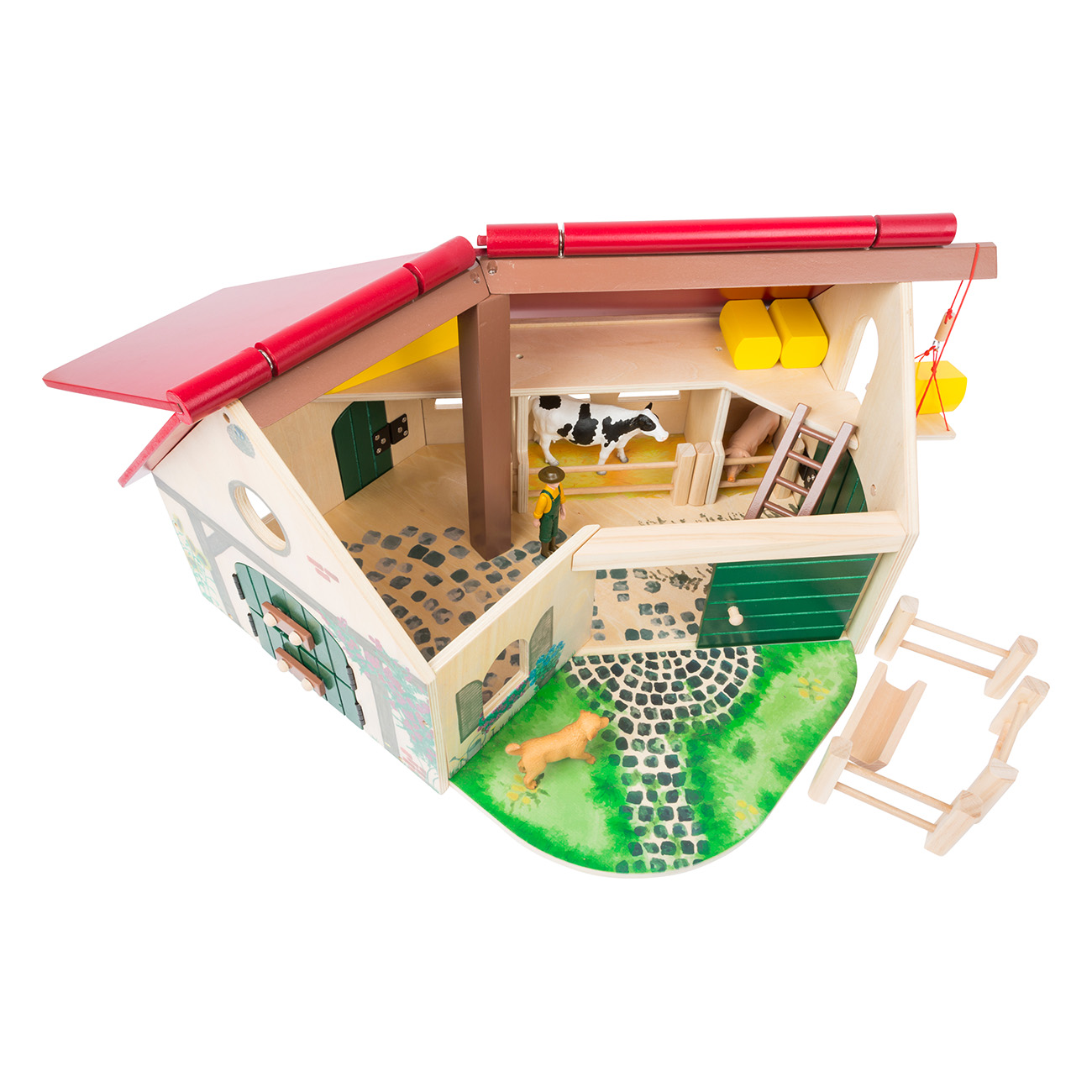 Ein hölzernes Spielzeug-Bauernhaus mit Tieren und einem Bauern, darunter ein Hund, eine Kuh und eine Leiter.