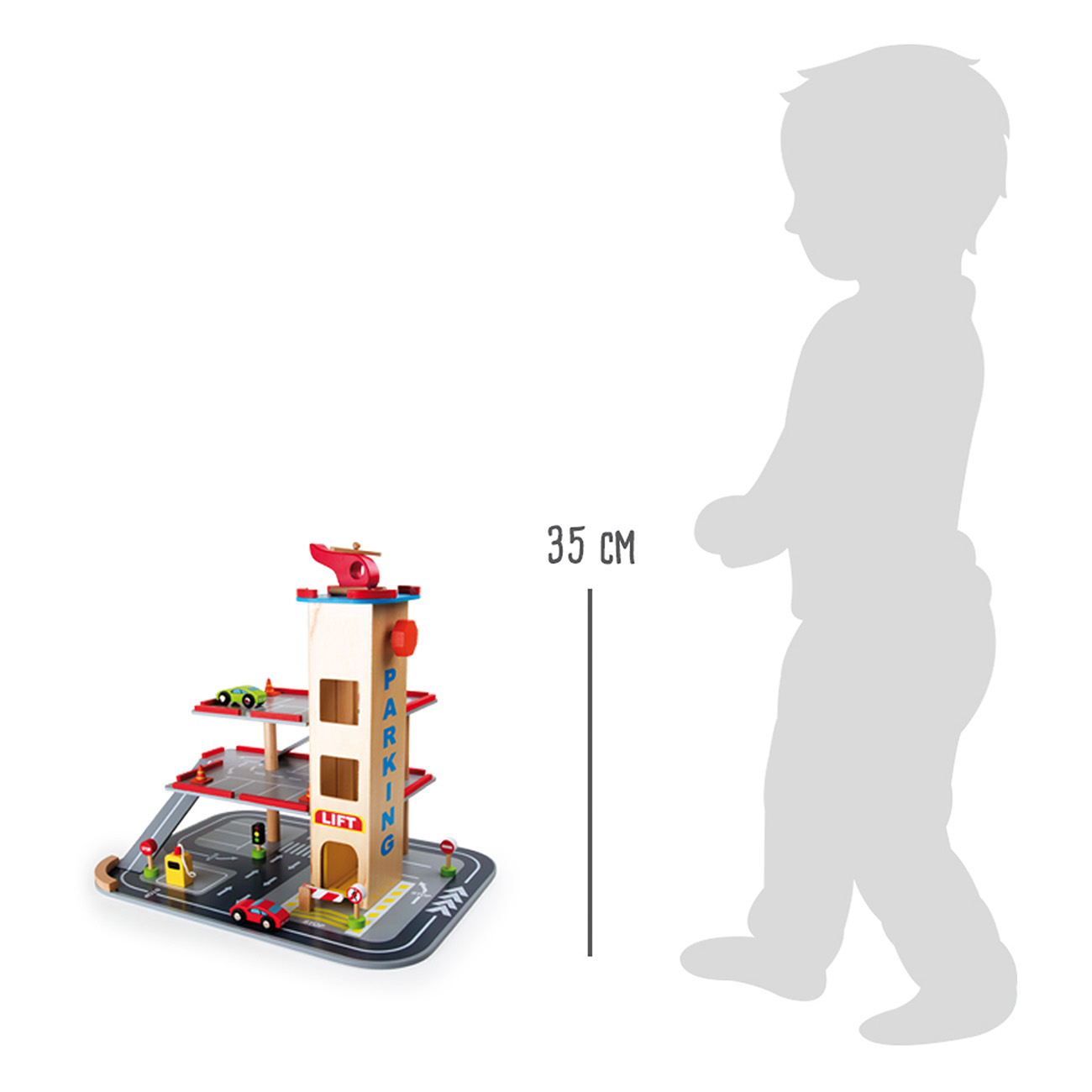 Parkhaus-Spielzeug aus Holz mit Kindersilhouette. 35 cm hoch, mit Autos und Straßenschildern.