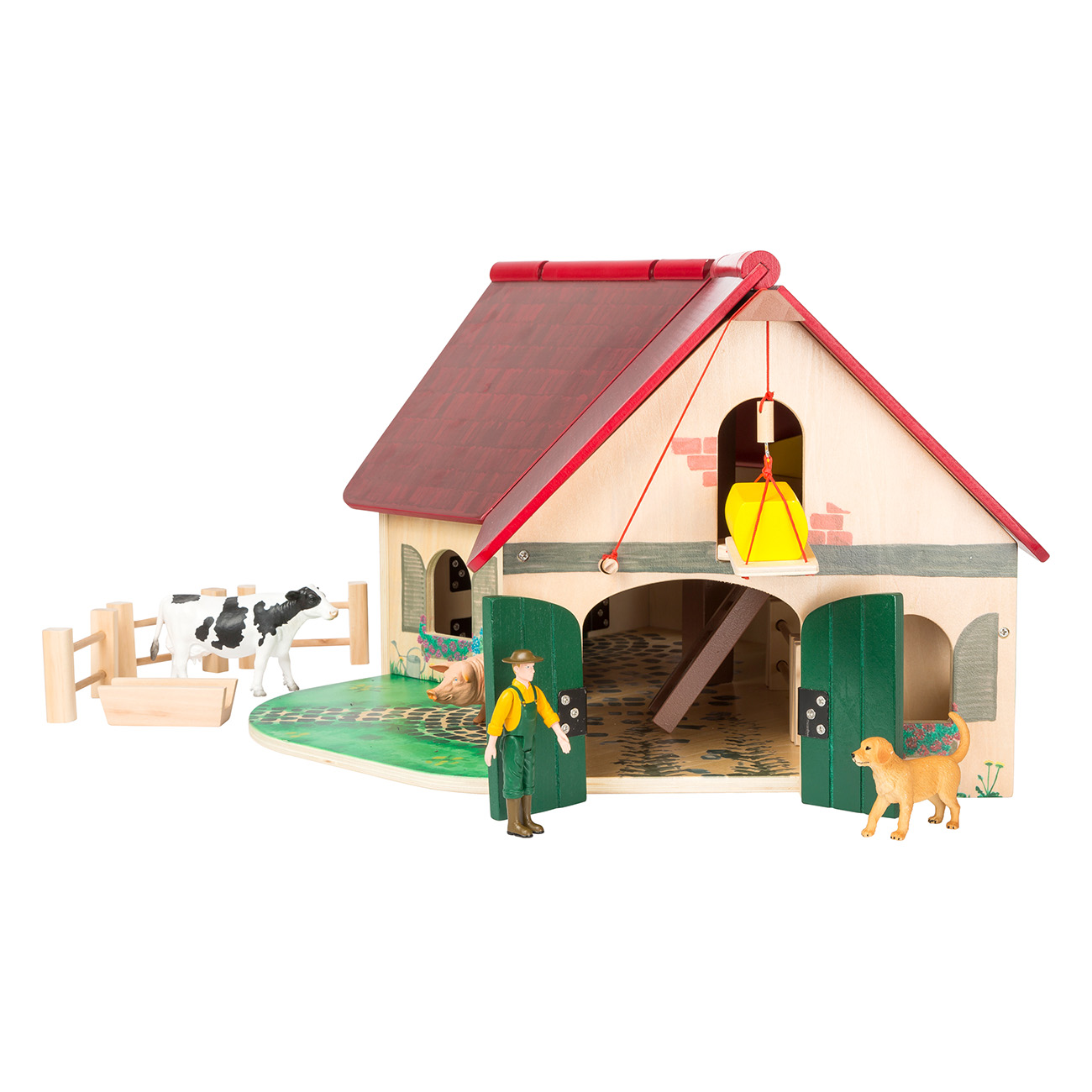 Bauernhof-Spielzeugset aus Holz. Scheune, Bauer, Kuh, Hund, Zaun und Heuballen.