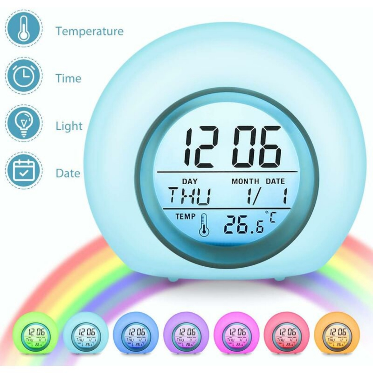 Ein digitaler Wecker mit blauem Licht und einem Regenbogen. Er zeigt Uhrzeit, Datum und Temperatur an.
