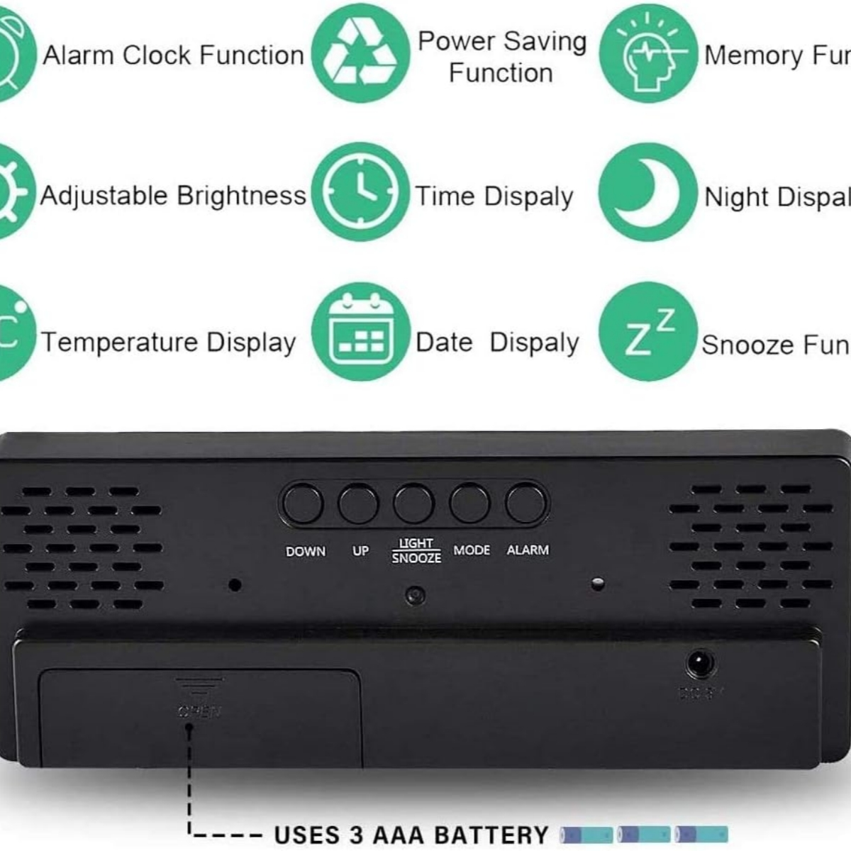 Rückansicht eines schwarzen digitalen Weckers mit Knöpfen und einem Batteriefach.
