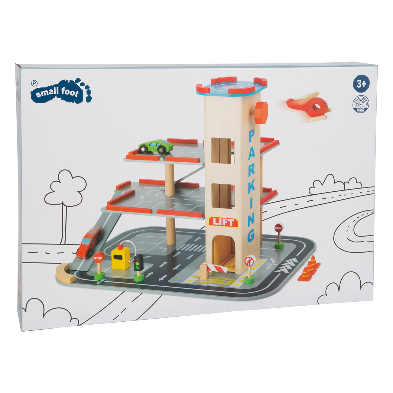 Ein Holzparkplatzspielzeug mit Autos und einem Hubschrauber auf weißem Hintergrund.