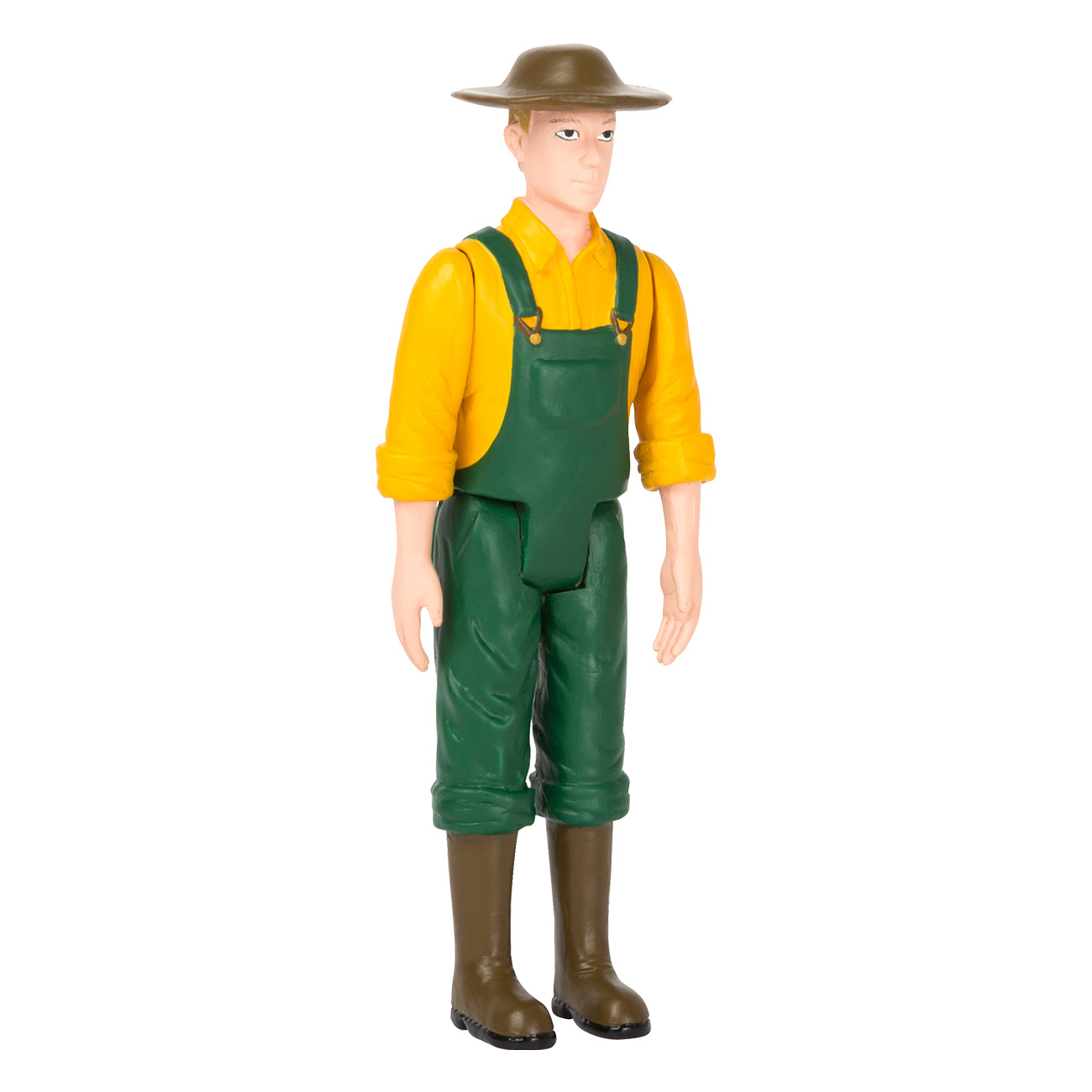 Ein Spielzeug-Bauern aus Kunststoff mit gelbem Hemd, grünen Latzhosen und braunem Hut.