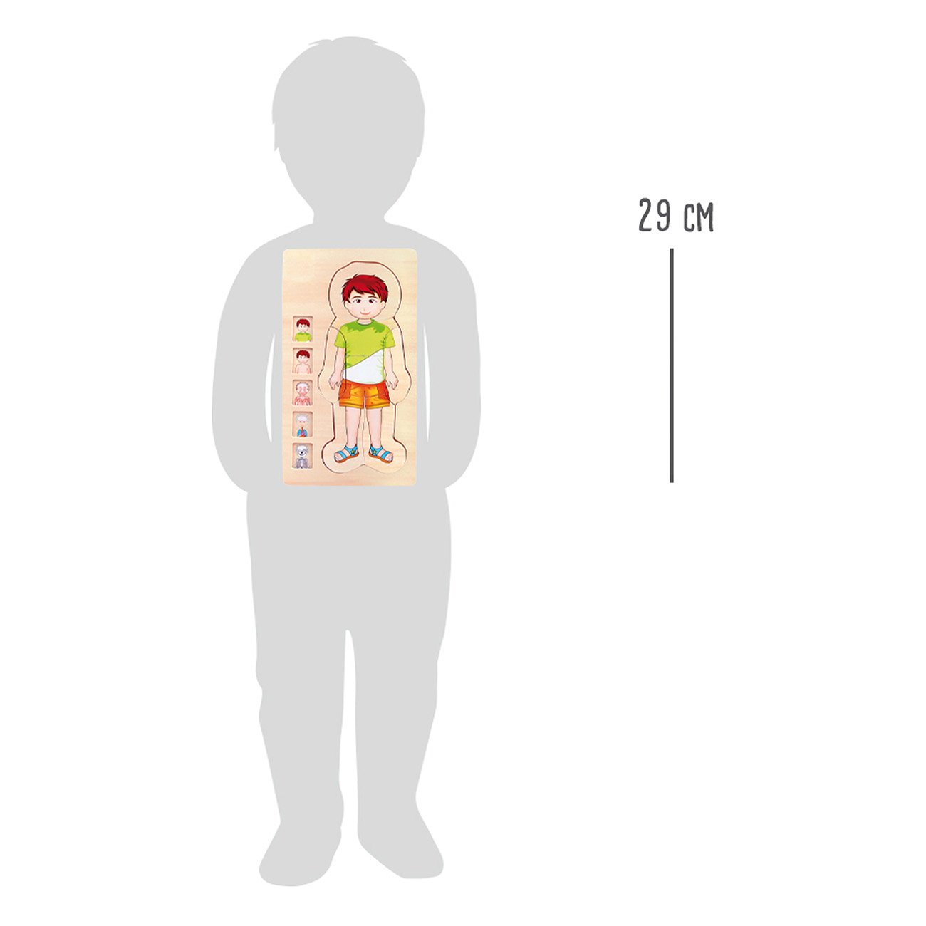 Silhouet van een kind dat een houten puzzel vasthoudt. De puzzel toont een jongen met kleding en gezichten.