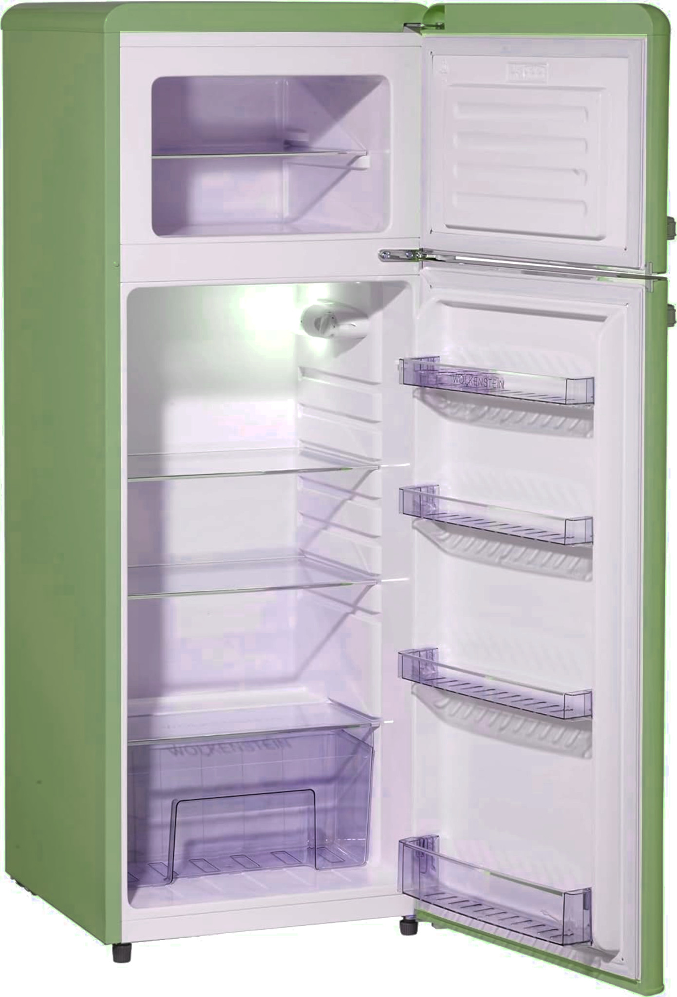 Ein grüner Retro-Kühlschrank mit offener Tür, der Regale und Stauraum zeigt.