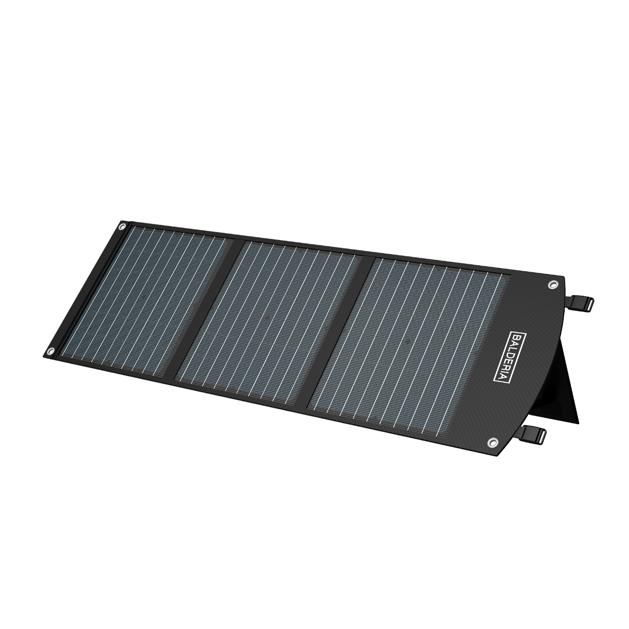 Faltbares schwarzes Solarpanel mit grauer Oberfläche auf schwarzem Hintergrund.