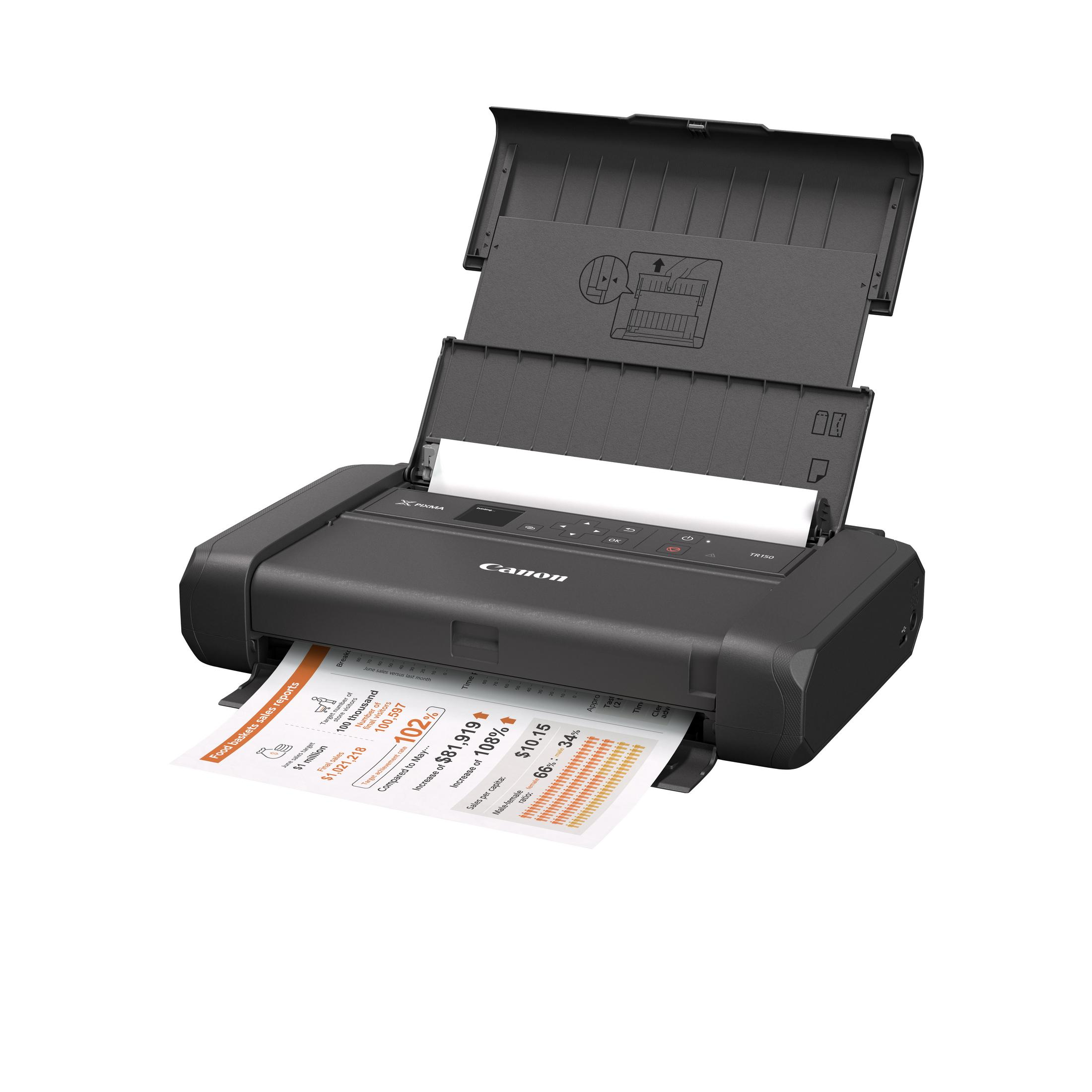 Una stampante portatile Canon PIXMA TR150 nera con carta e un rapporto stampato su sfondo bianco.