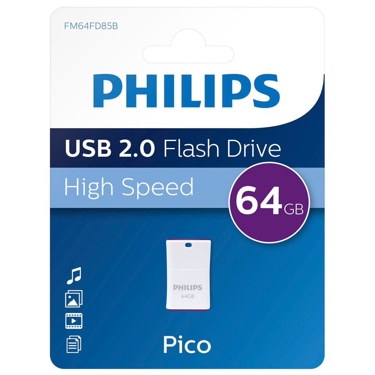 Niebiesko-białe opakowanie pendrive USB 2.0 Philips. Opakowanie pokazuje pendrive i określa jego pojemność.