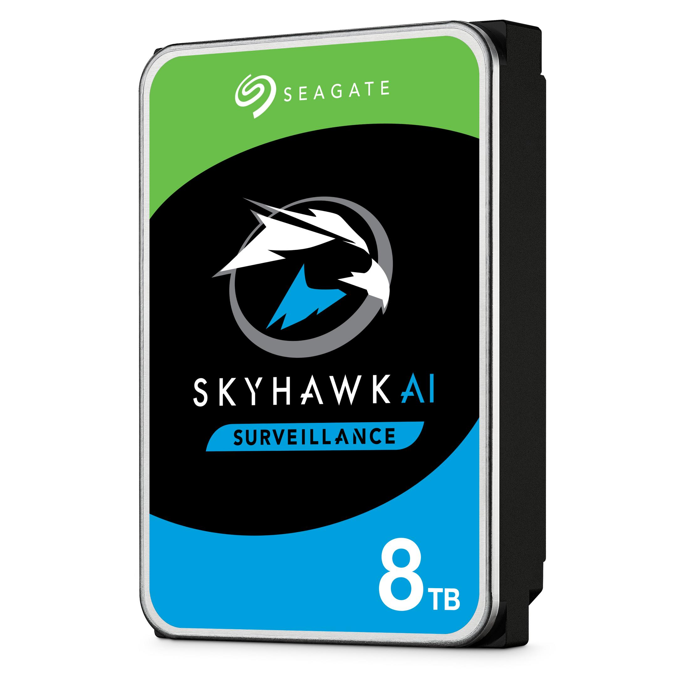 Dysk twardy Seagate Skyhawk AI 8TB. Kolory zielony, czarny i niebieski z logo Seagate.