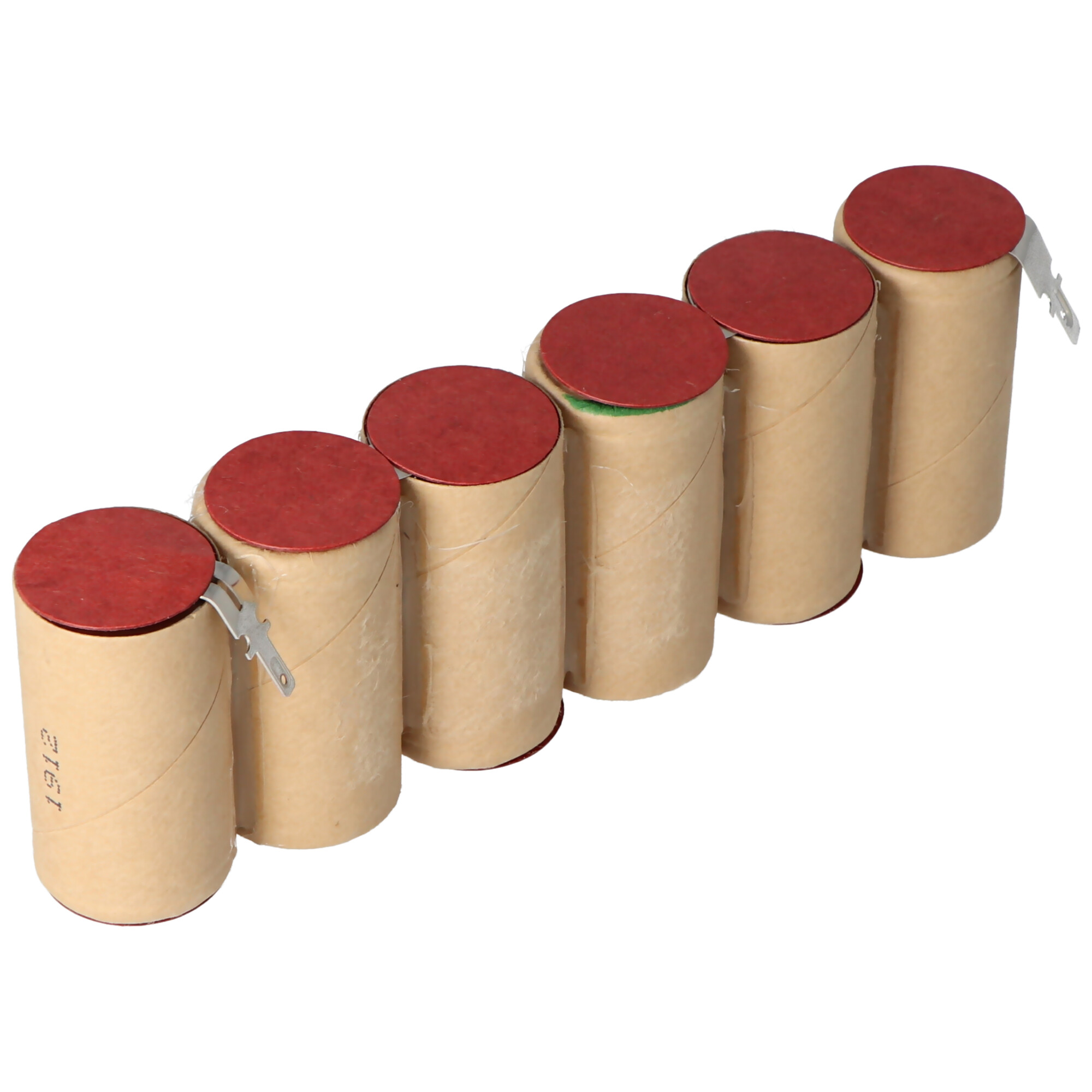 Sechs braune zylindrische Batterien mit roten Deckeln auf weißem Hintergrund.