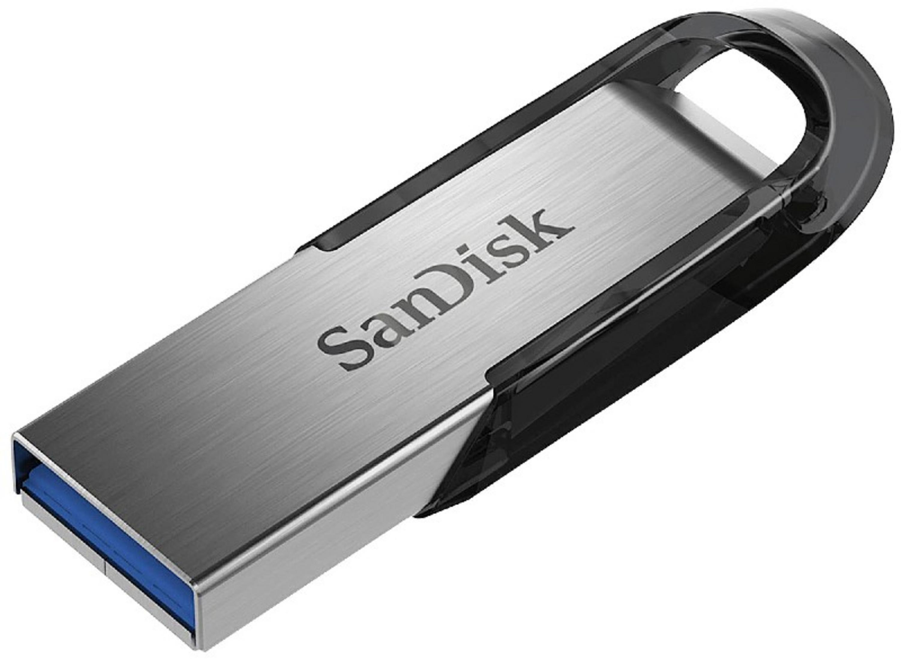 Unidad USB SanDisk plateada y negra, con conector USB azul, sobre fondo blanco.