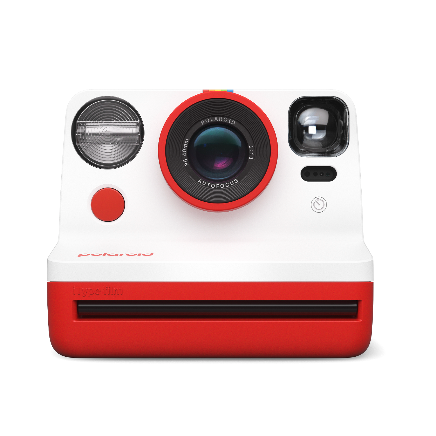 Cámara Polaroid blanca y roja, con botón rojo y detalles de lente.