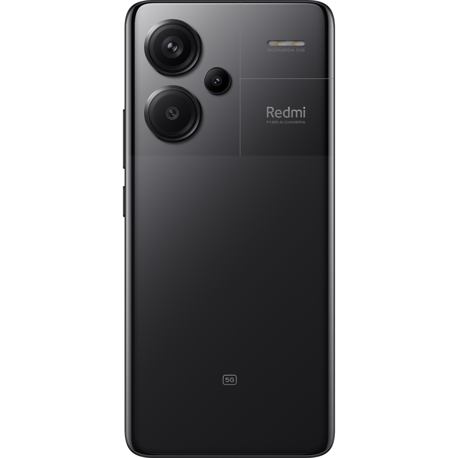 Czarny tył telefonu Redmi z aparatami i etykietą.