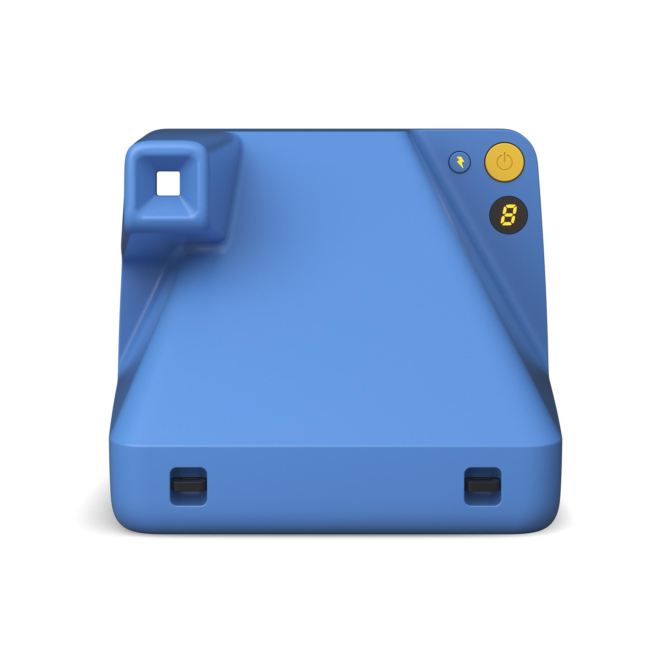 Niebieski aparat Polaroid, widok z przodu, z przyciskiem zasilania, wyświetlaczem '8' i żółtymi akcentami.