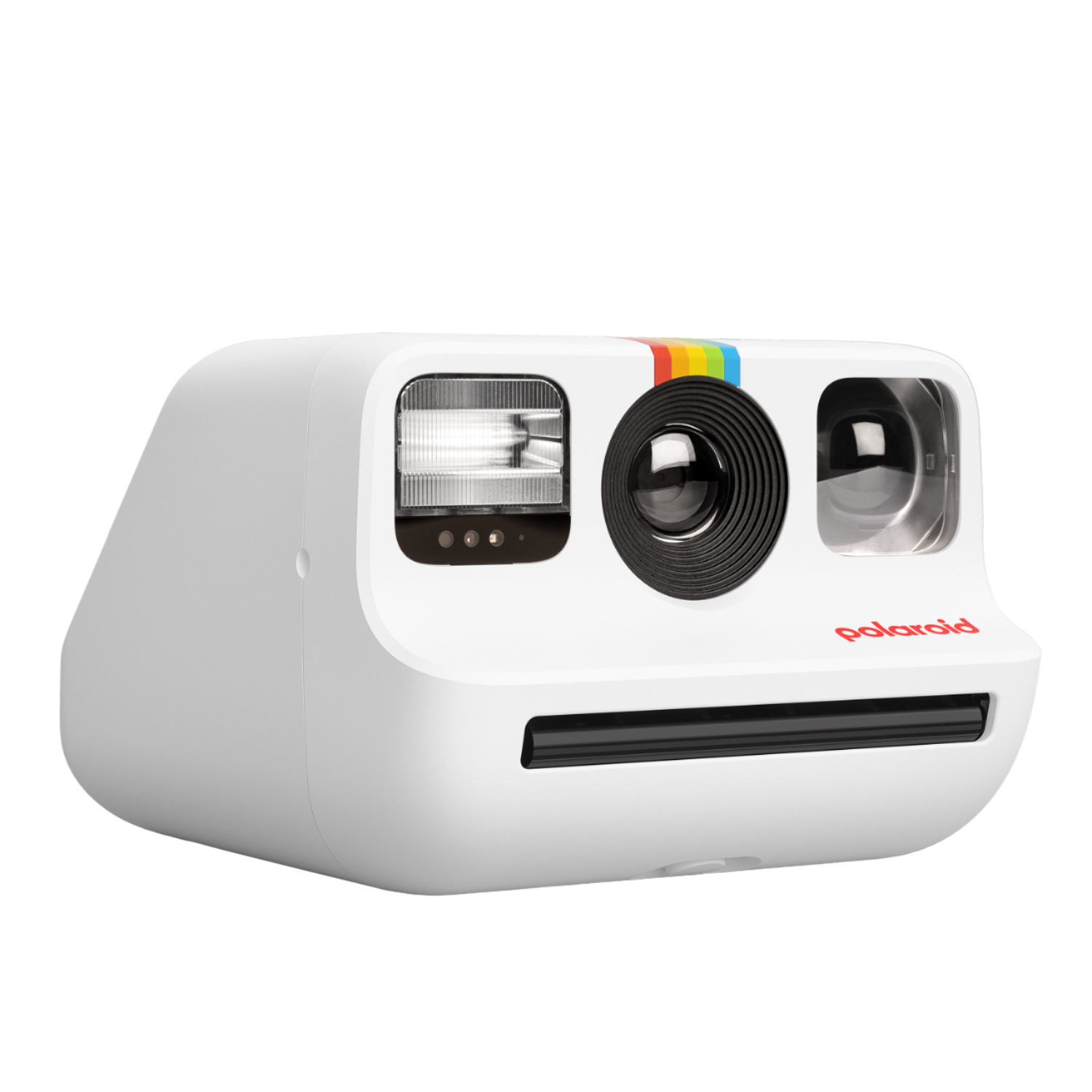 Weiße Polaroid-Kamera, Vorderansicht, mit Blitz, Objektiv und rotem Polaroid-Logo.