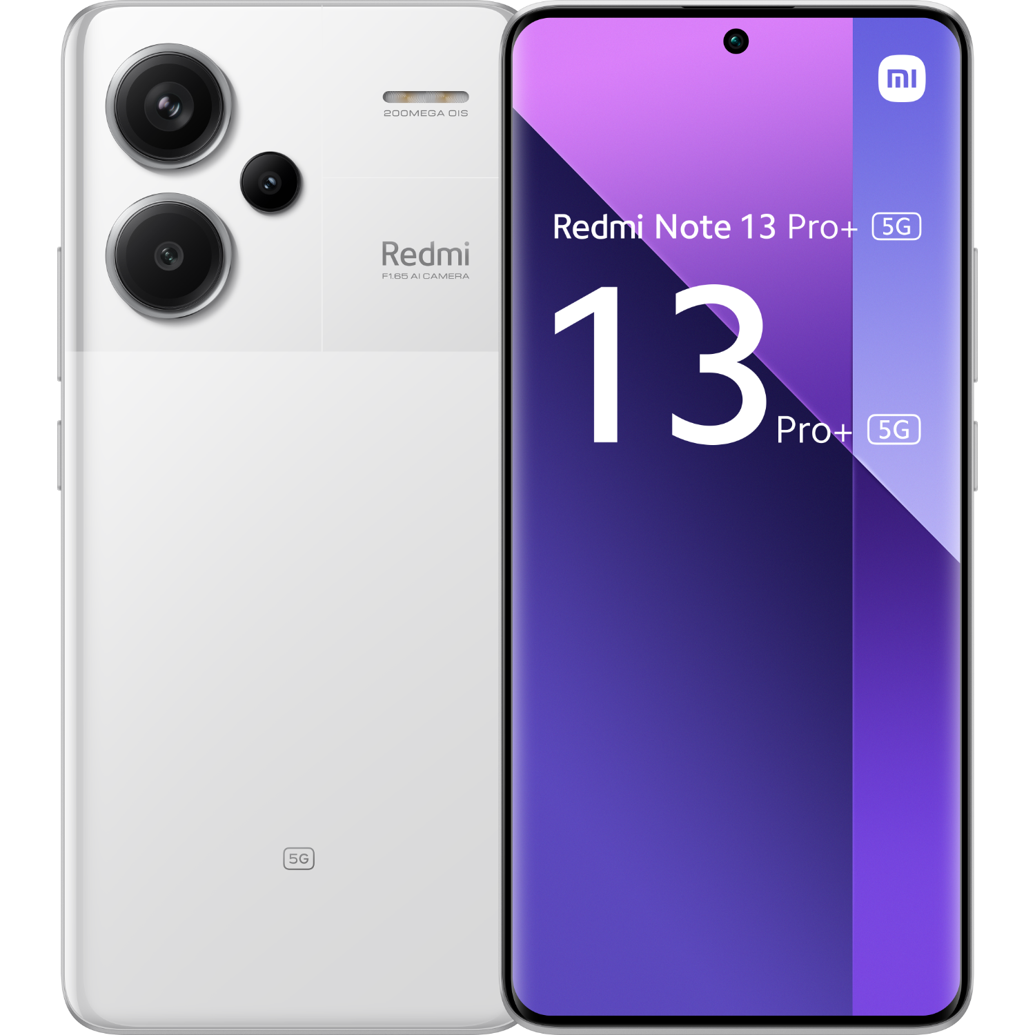 Ein weißes und graues Smartphone mit drei Kameras auf der Rückseite und Redmi-Logo.