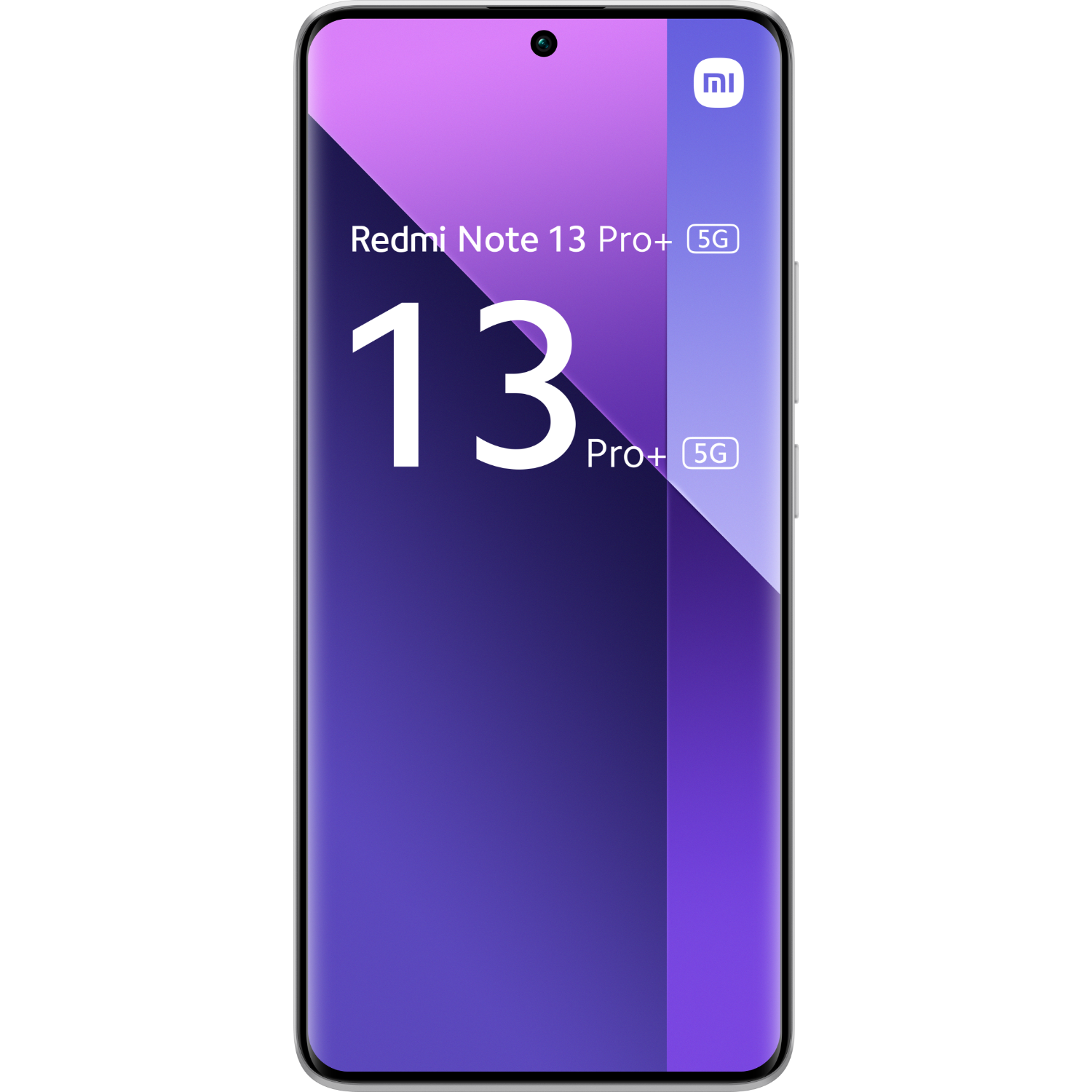 Lila Redmi Note 13 Pro+ 5G Telefon mit weißem Hintergrund. Zeigt die Vorderseite.