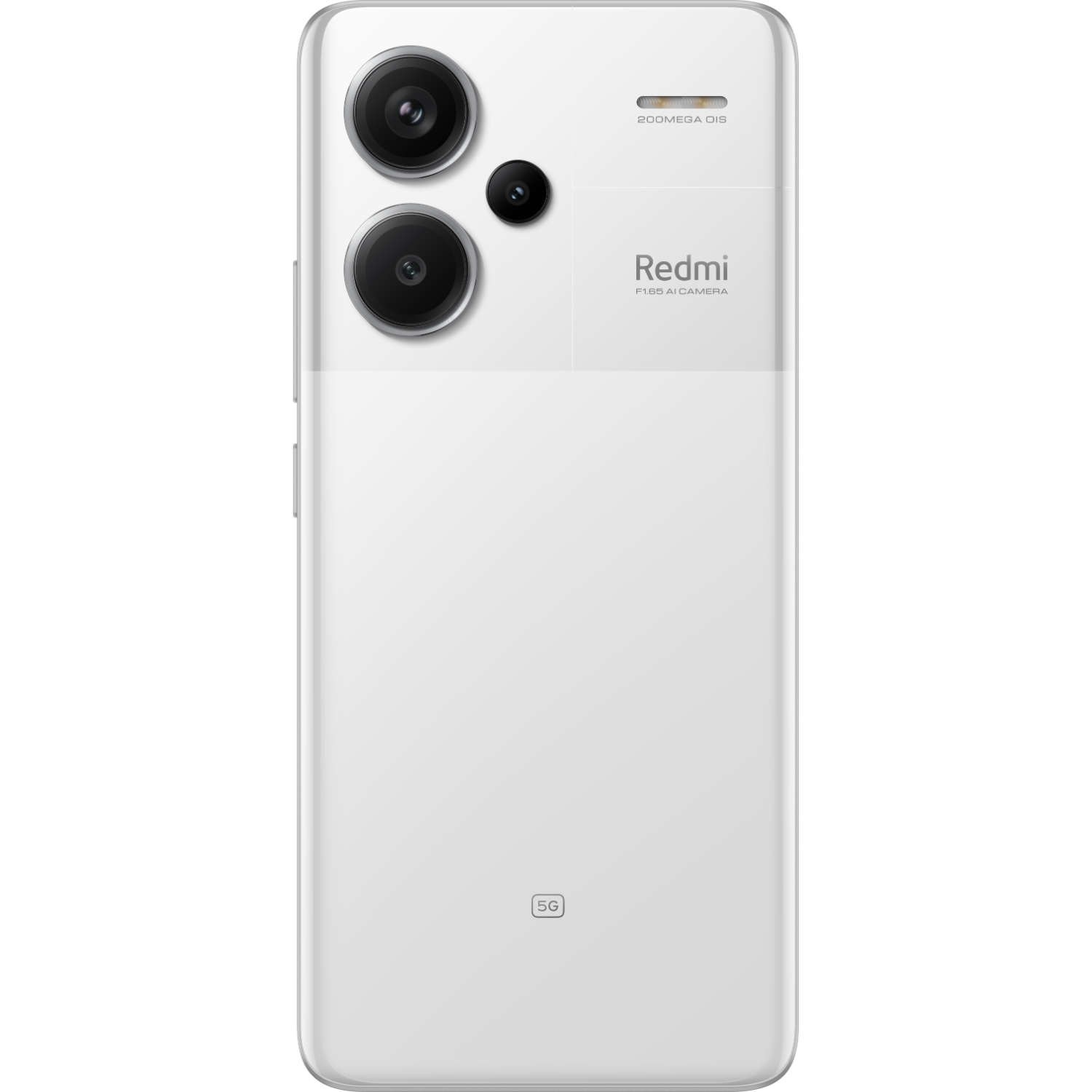 Weißes Redmi-Telefon. Es hat eine Dual-Objektiv-Kamera und ein einzelnes Objektiv. Die Rückseite ist weiß mit schwarzen Akzenten.