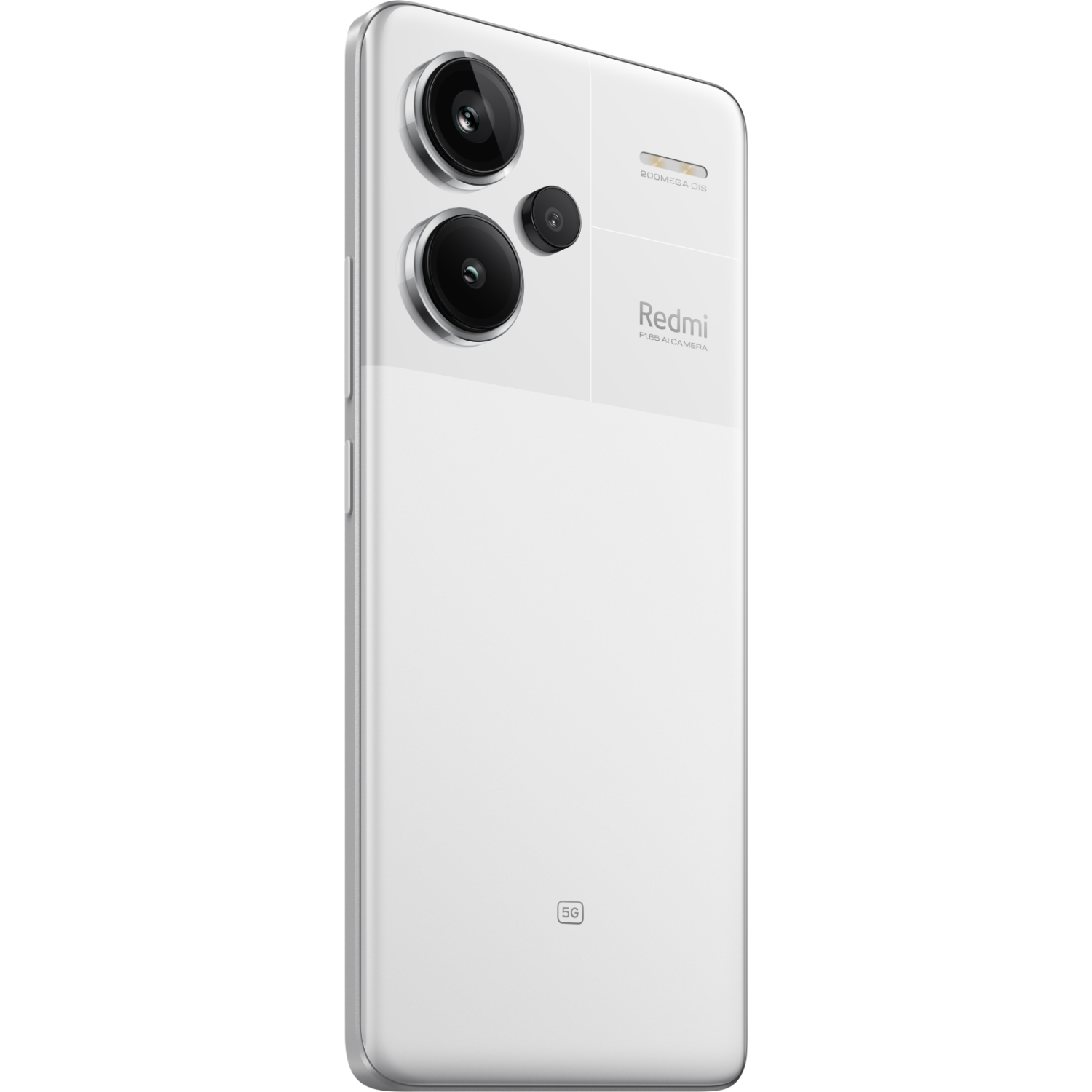 Ein weißes Smartphone, Rückansicht, mit Kameralinsen. Das Telefon hat eine weiße Rückseite und das Redmi-Logo ist sichtbar.