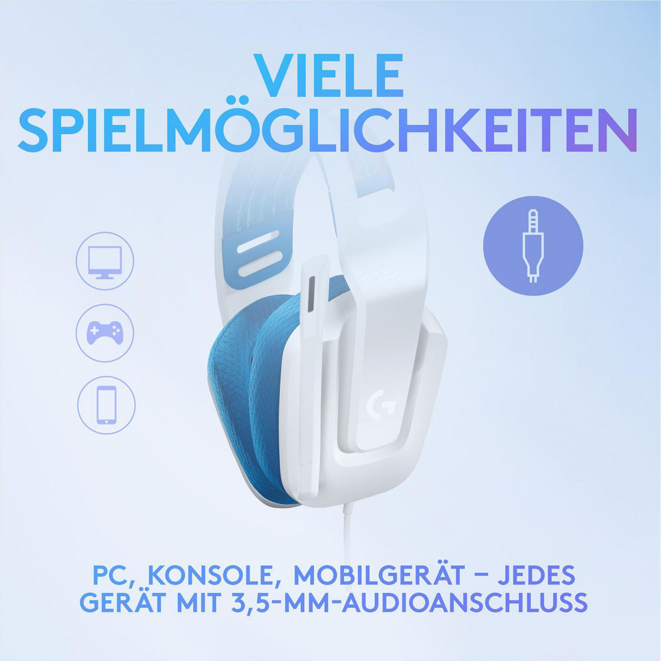 White and blue gaming headset with text and icons on a blue background.