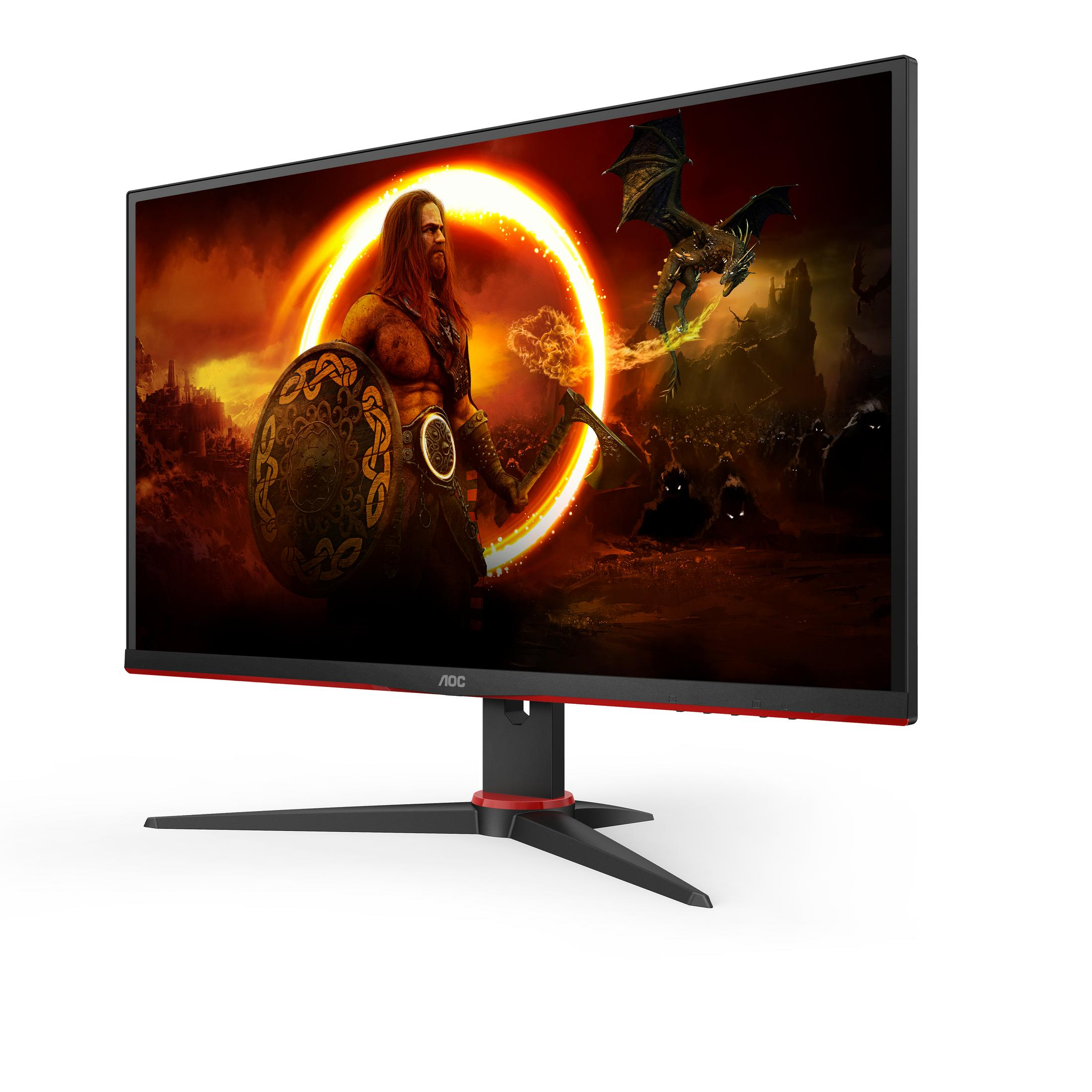 Ein Computermonitor zeigt eine Fantasieszene mit einem Krieger und einem Drachen.