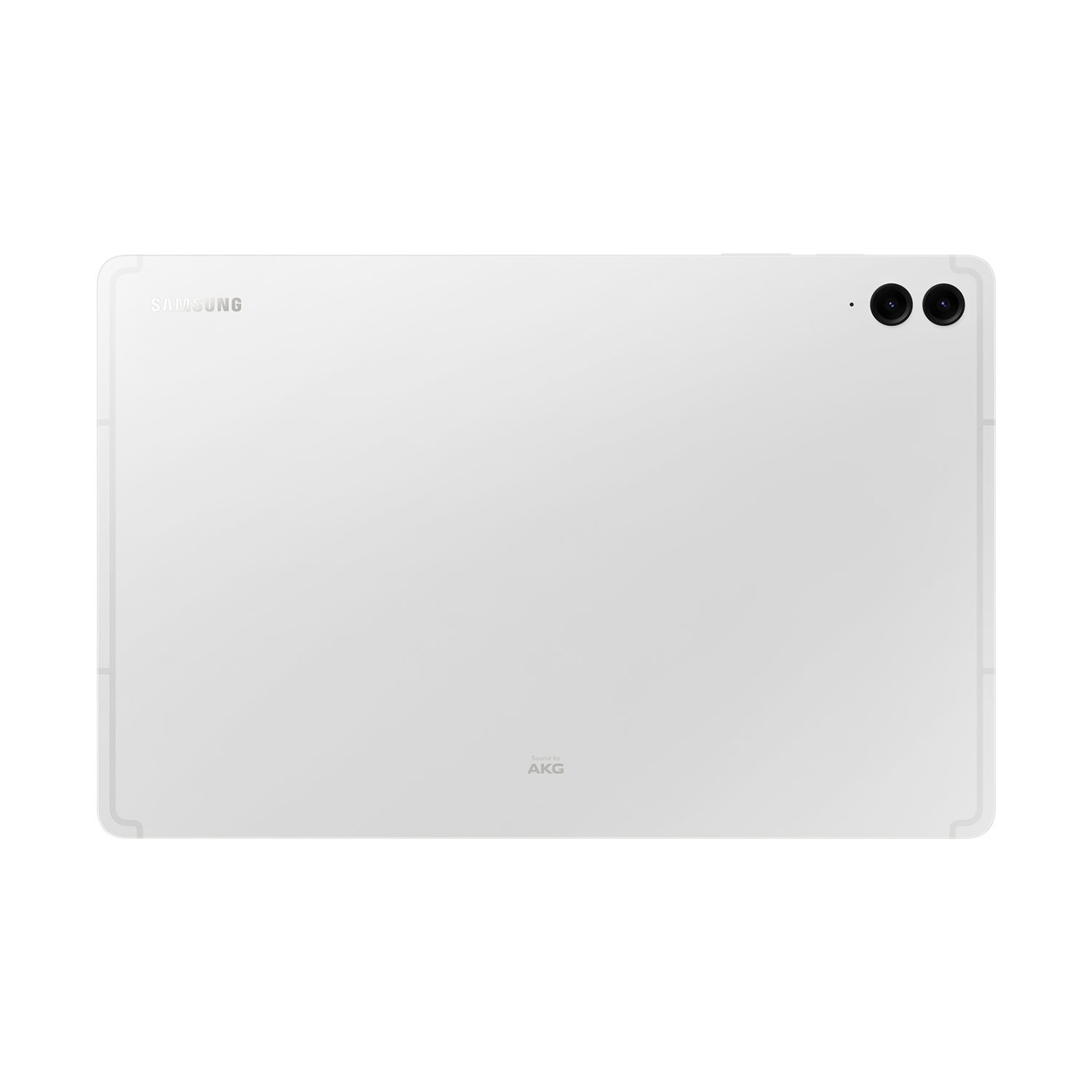 Witte tablet achterkant, met dubbele camera's bovenaan en Samsung en AKG branding.