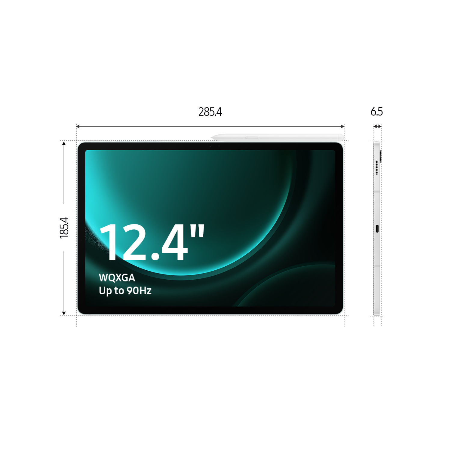 Tablet mit 12,4-Zoll-Bildschirm, 285,4 mm x 185,4 mm, mit Stift.