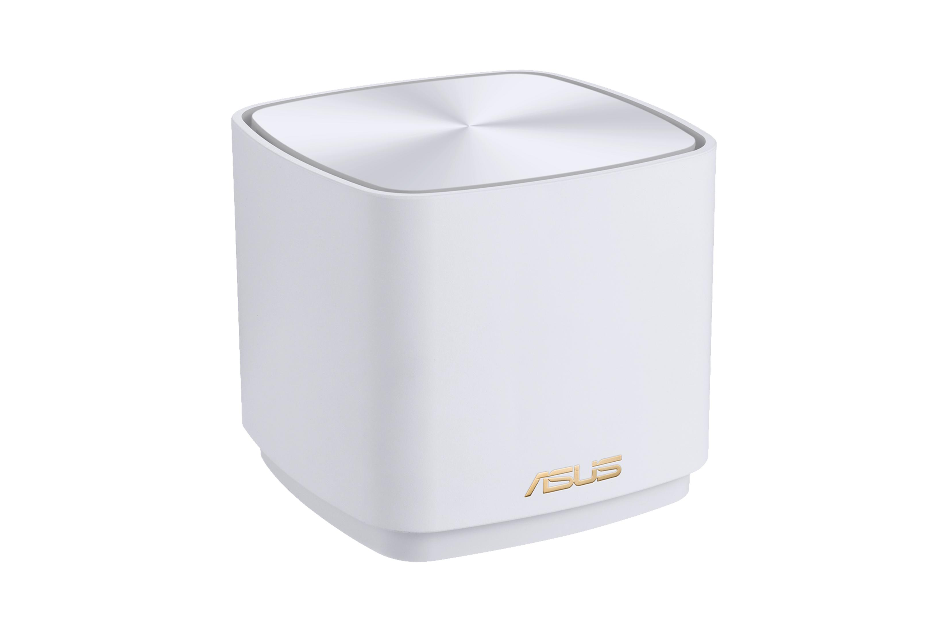 Enrutador ASUS blanco. Cuadrado, con parte superior plateada y logotipo ASUS dorado.