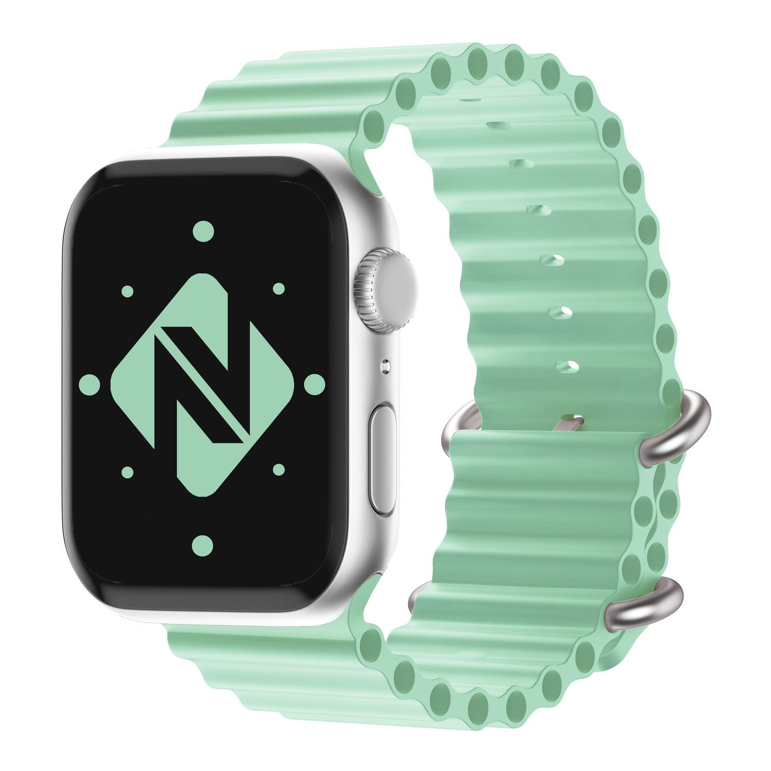 Silberne Smartwatch mit mintgrünem, strukturiertem Armband. Bildschirm zeigt Logo.