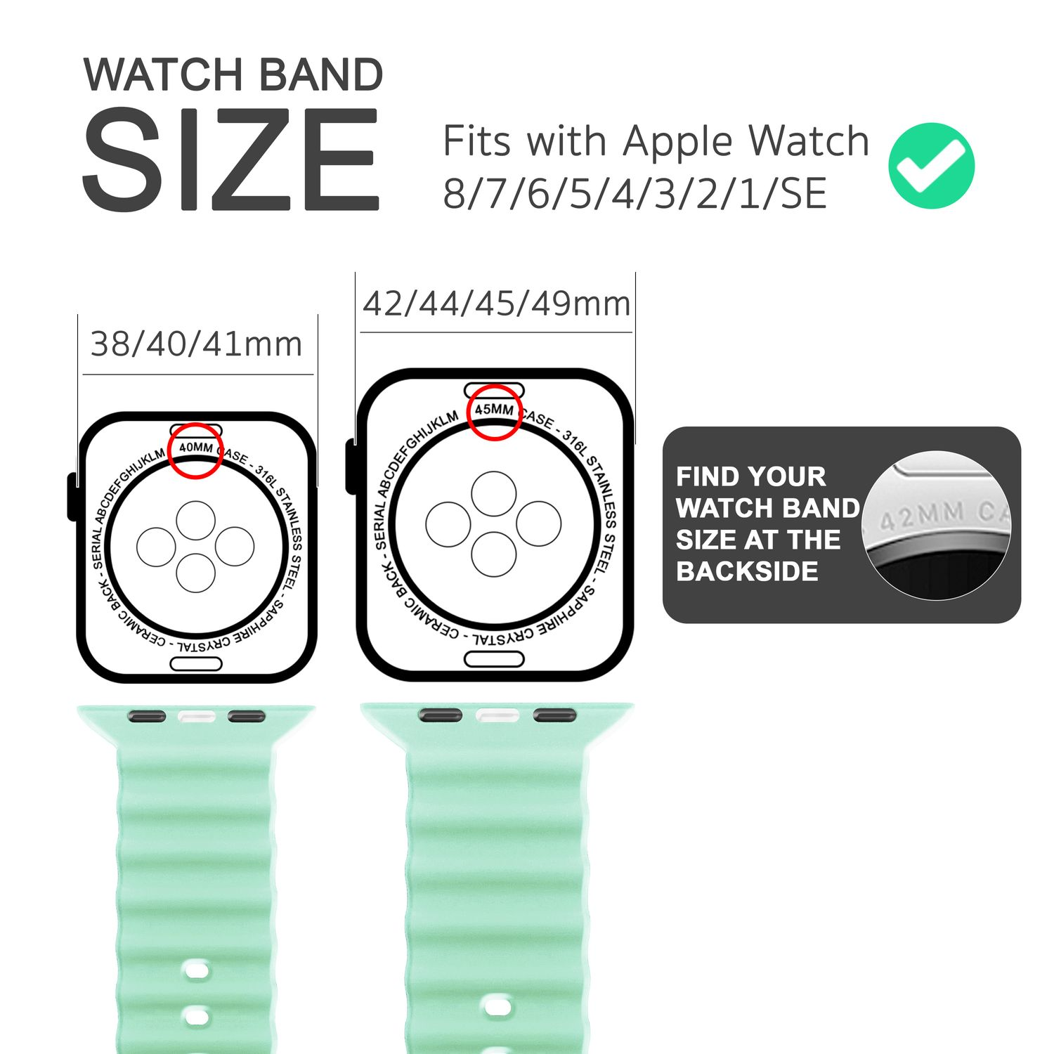 Diagramm mit Armbandgrößen für Apple Watch-Modelle. Enthält Größen und ein grünes Häkchen.