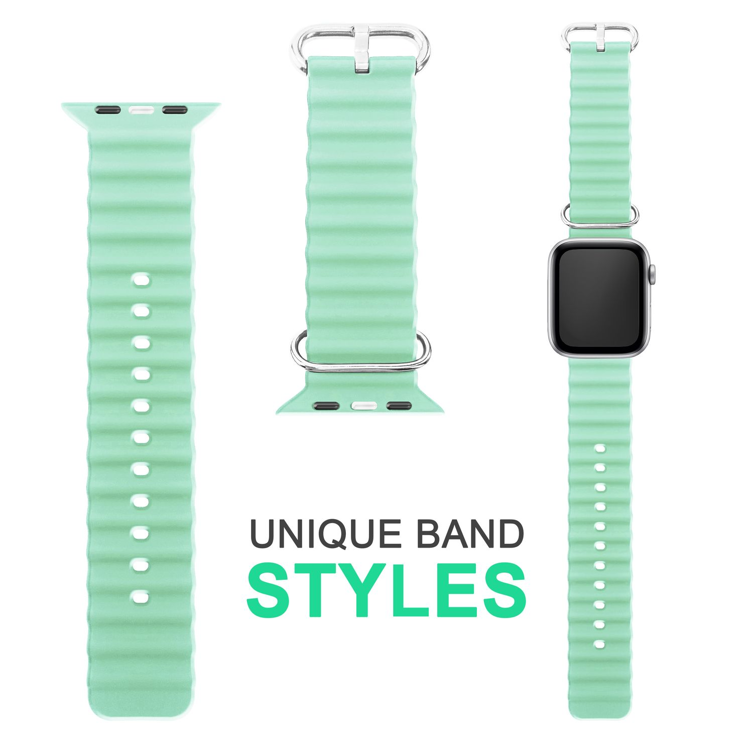 Drei verschiedene Armbandstile in Hellgrün. Weißer Hintergrund. Text: 'UNIQUE BAND STYLES'.