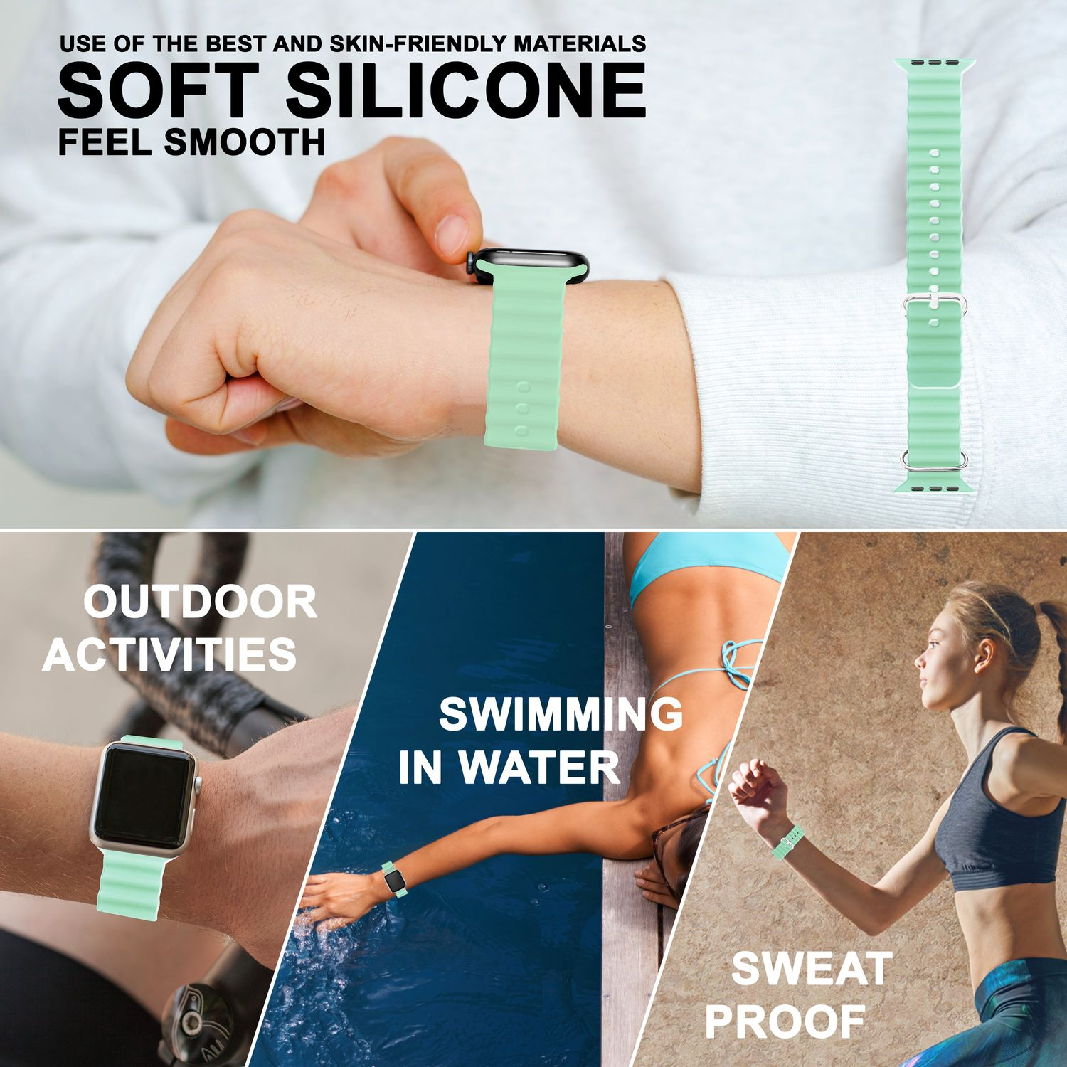 Das Bild zeigt ein mintgrünes Armband und seine Verwendung für Outdoor-Aktivitäten, Schwimmen und Schweißfestigkeit.