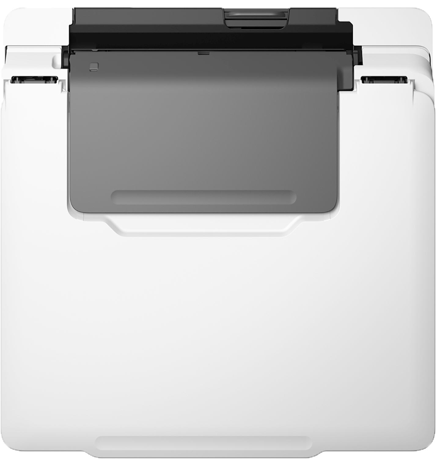 Biała i szara drukarka z czarną górną pokrywą, widok z góry. Białe tło.