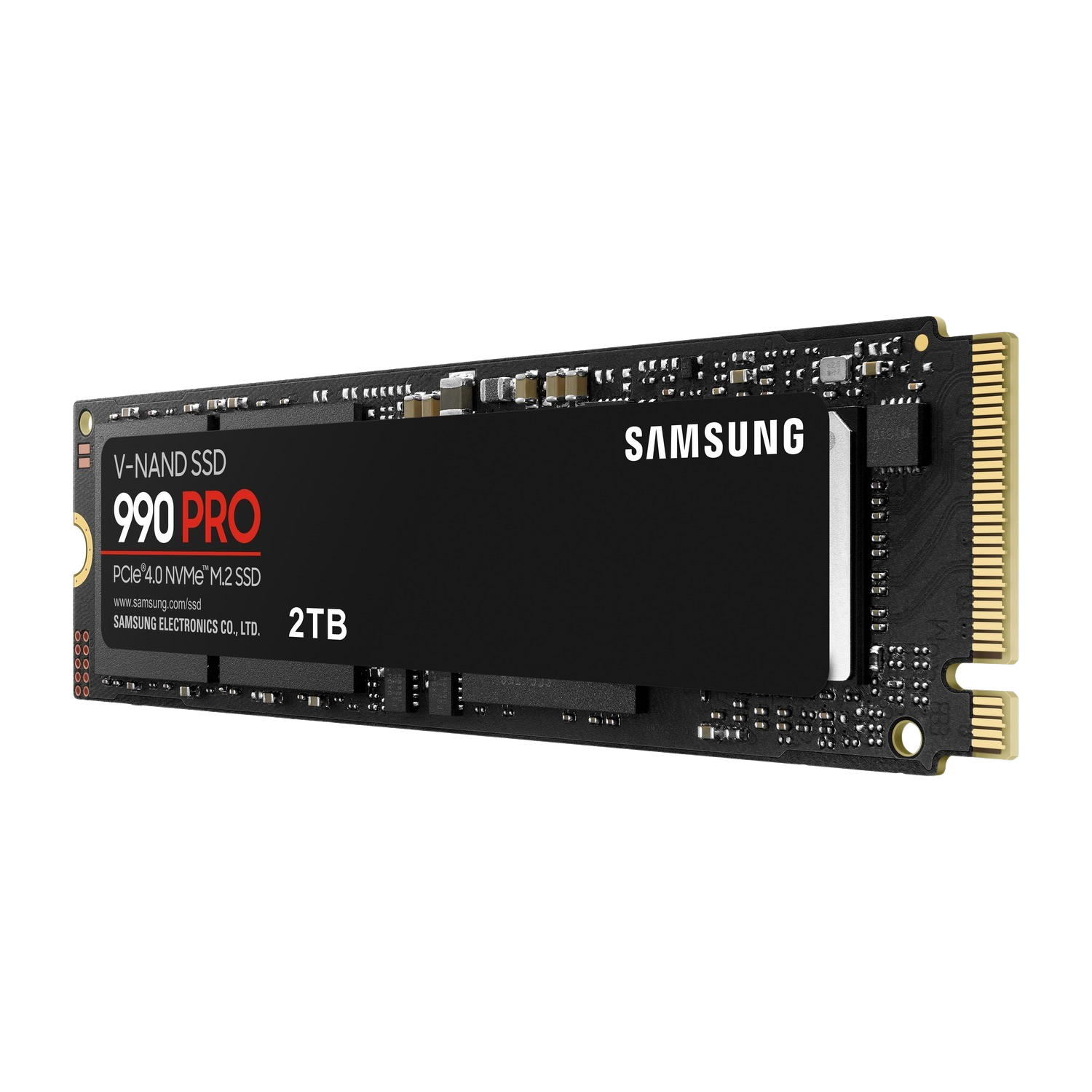 Schwarze Samsung 990 Pro SSD. Text: 990 Pro, PCIe 4.0 NVMe M.2 SSD, 2TB.