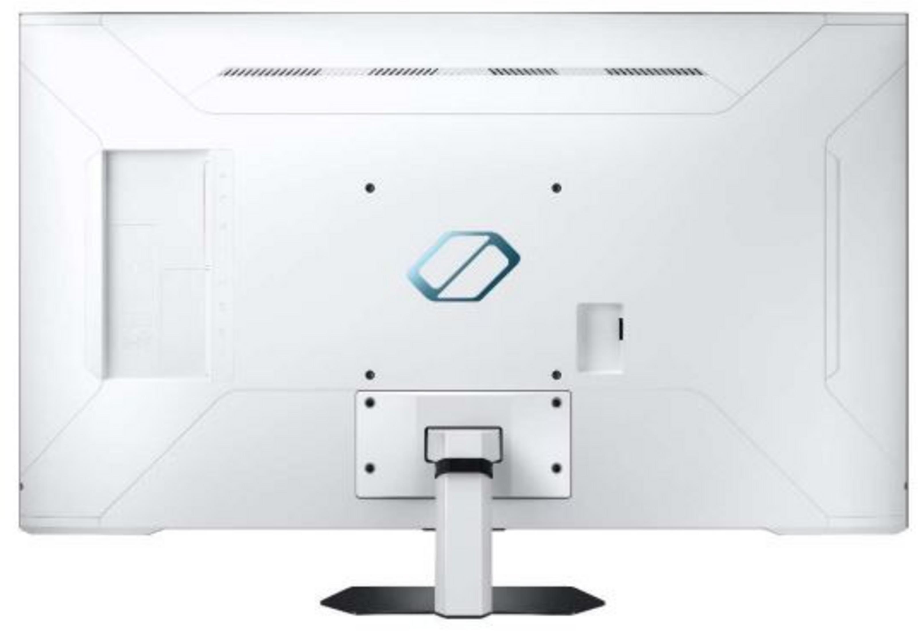 Biały tył monitora. Zawiera logo, otwory wentylacyjne i punkty montażowe.