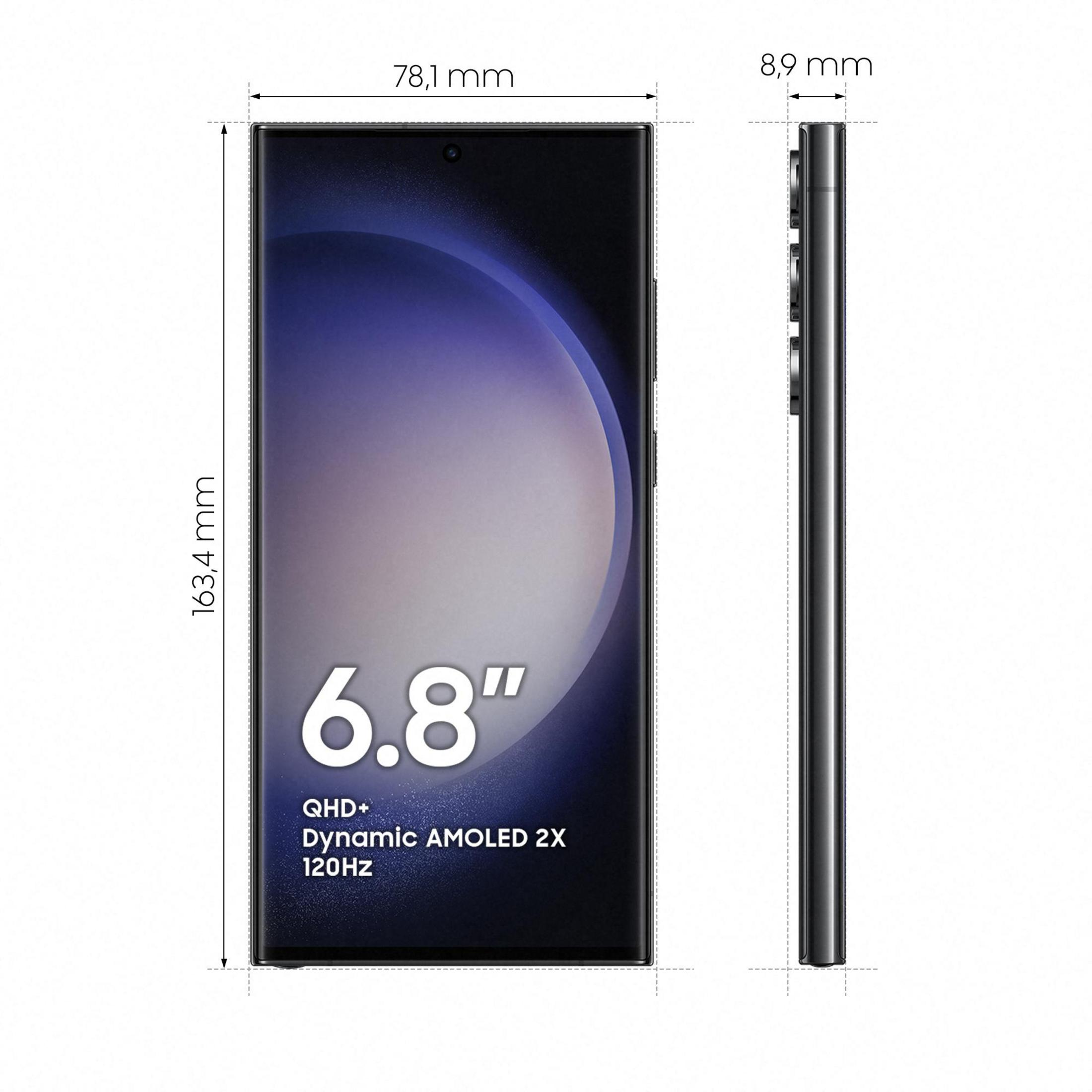 Telefon z ekranem 6,8", QHD+, Dynamic AMOLED 2X, 120Hz. Wymiary są pokazane.
