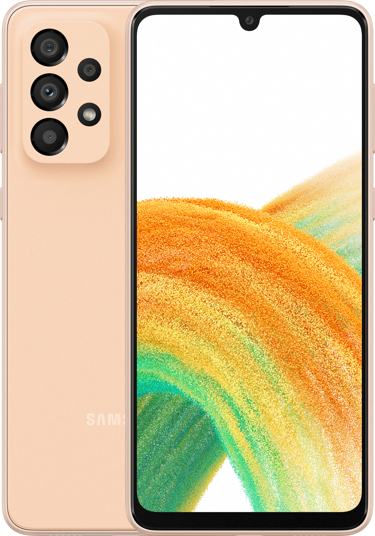 Brzoskwiniowy smartfon z trzema aparatami z tyłu i białym ekranem.