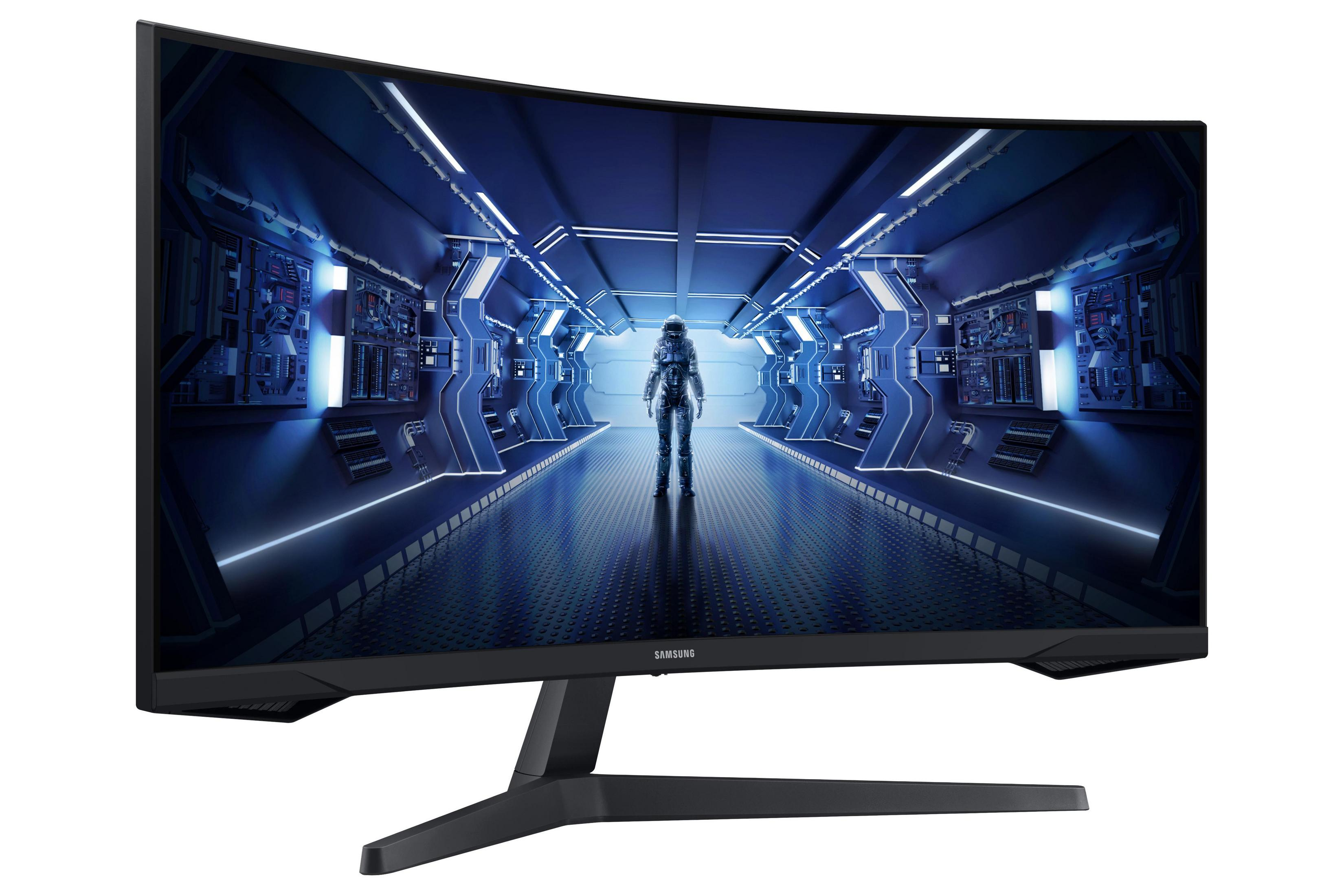 Gebogener Samsung Monitor, futuristische Szene mit Astronaut im Flur.