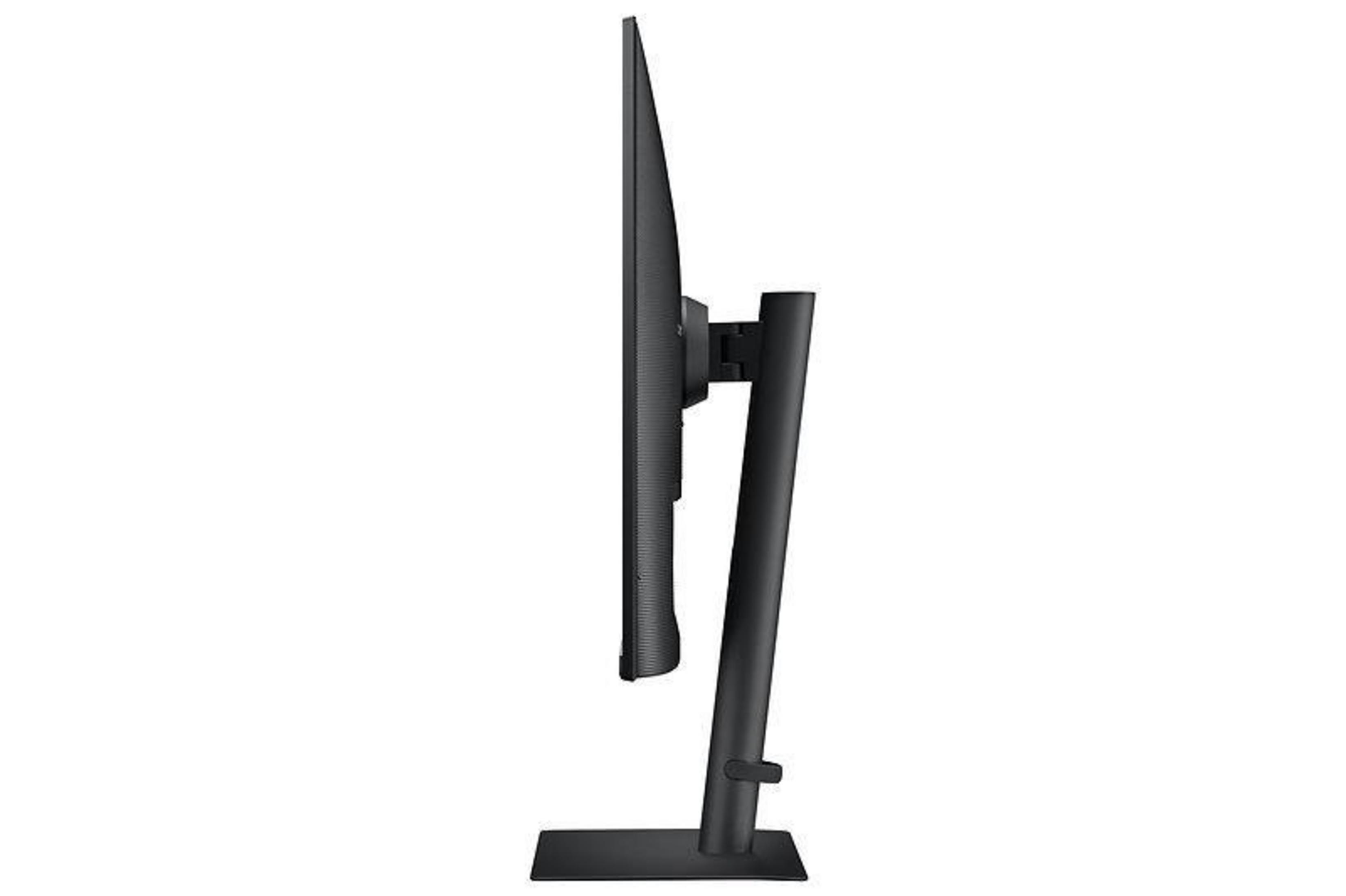 Ein schwarzer Computermonitor von der Seite. Er steht auf einem schwarzen Ständer.